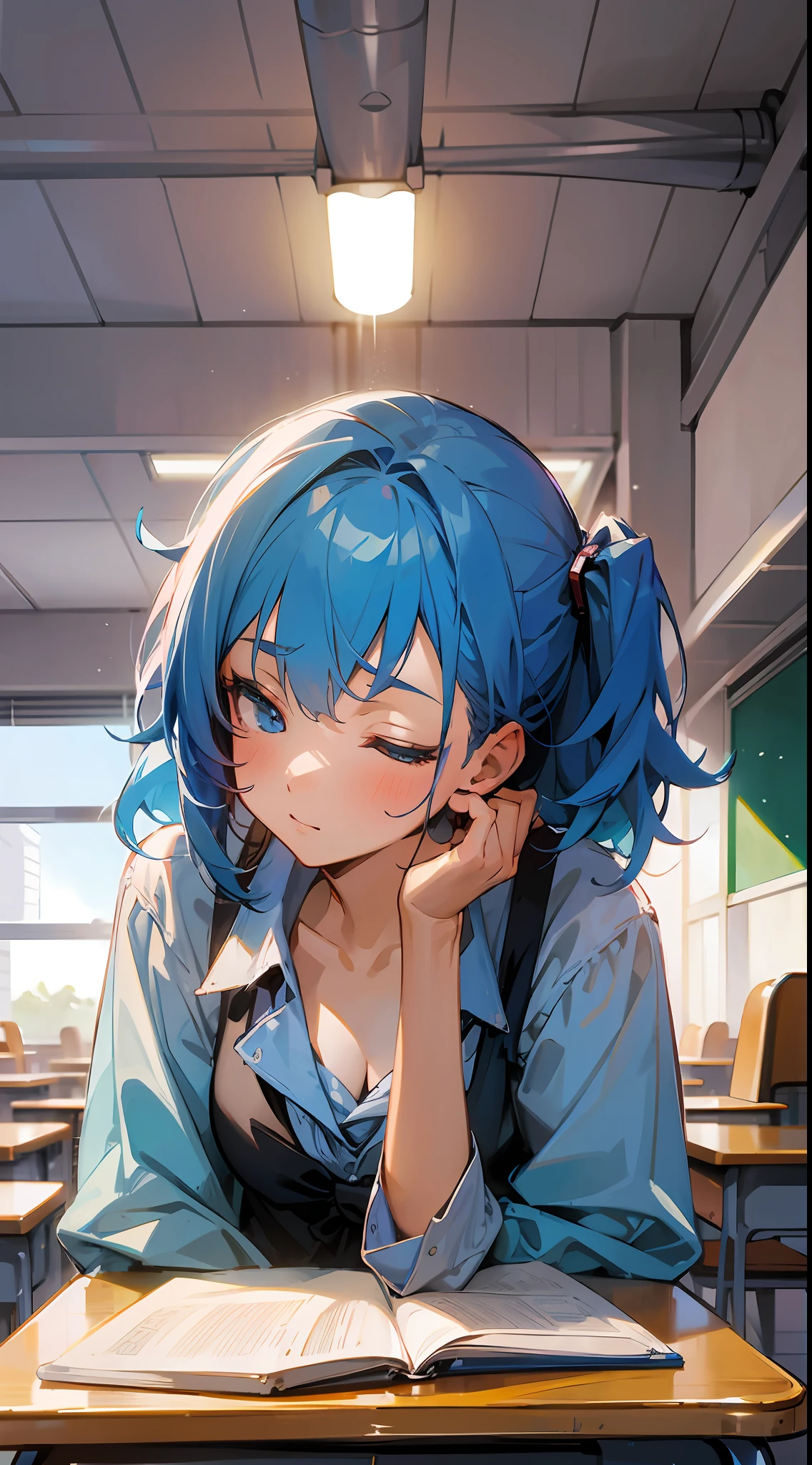 Masterpiece, of the best quality, a blue-haired woman climbing on a desk to sleep, just woke up, in the classroom, Artie Guéran style