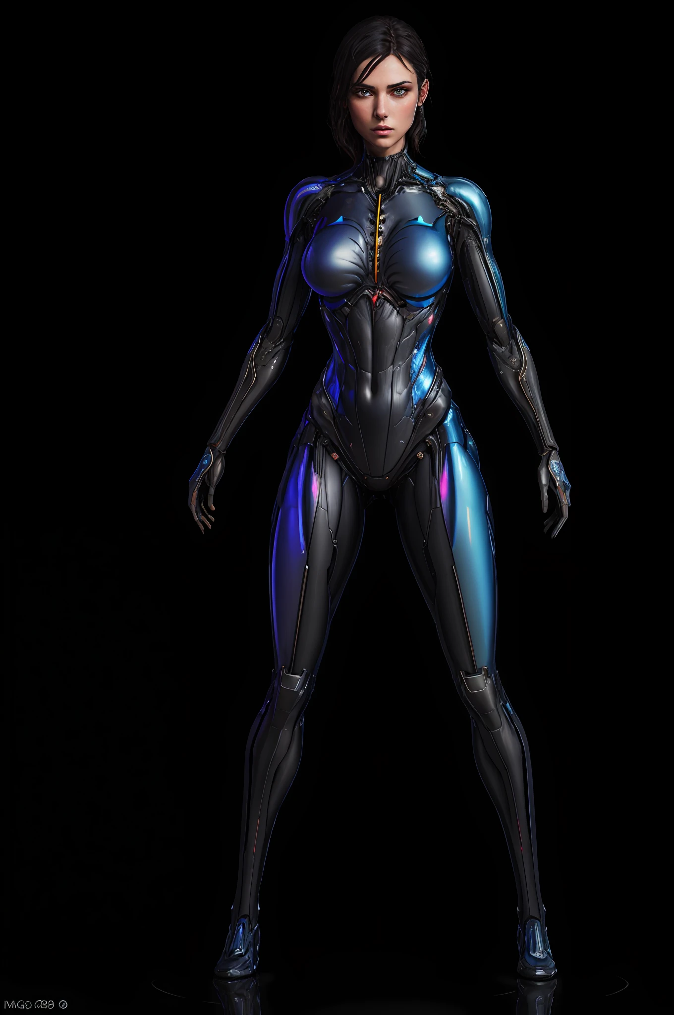 RAW, 1girl, colorful, full body shot, holographic nanosuit, (masterpiece, best quality), (detailed skin:1.3, detailed face:1.3), dslr, realistic, looking at viewer, sharp focus, delicate, soft colors, cinematic lighting, lean girl, large breasts:1.2, dark background, citiscape in the background, bokeh