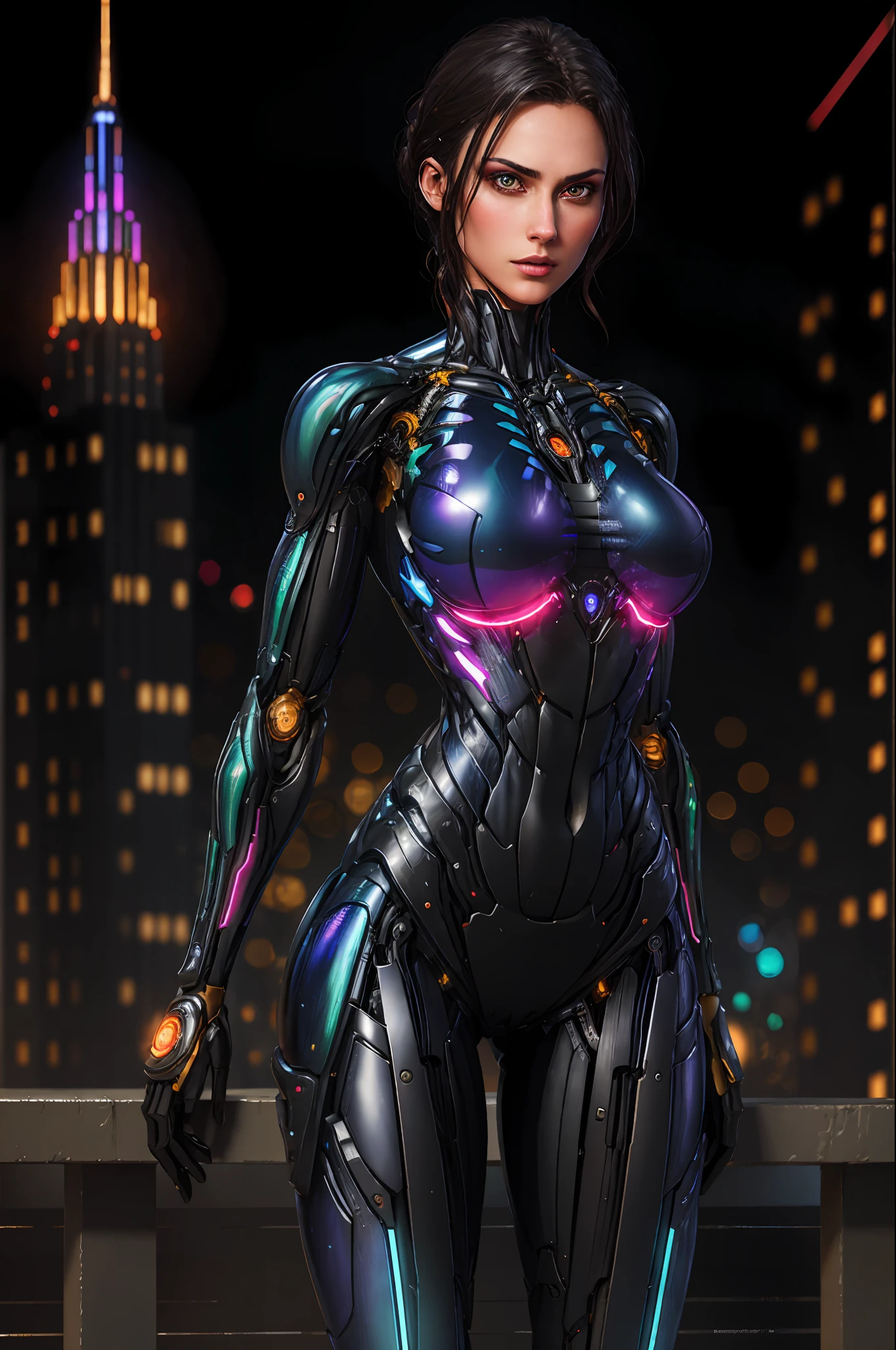 RAW, 1girl, colorful, full body shot, holographic nanosuit, (masterpiece, best quality), (detailed skin:1.3, detailed face:1.3), dslr, realistic, looking at viewer, sharp focus, delicate, soft colors, cinematic lighting, lean girl, large breasts:1.2, dark background, citiscape in the background, bokeh