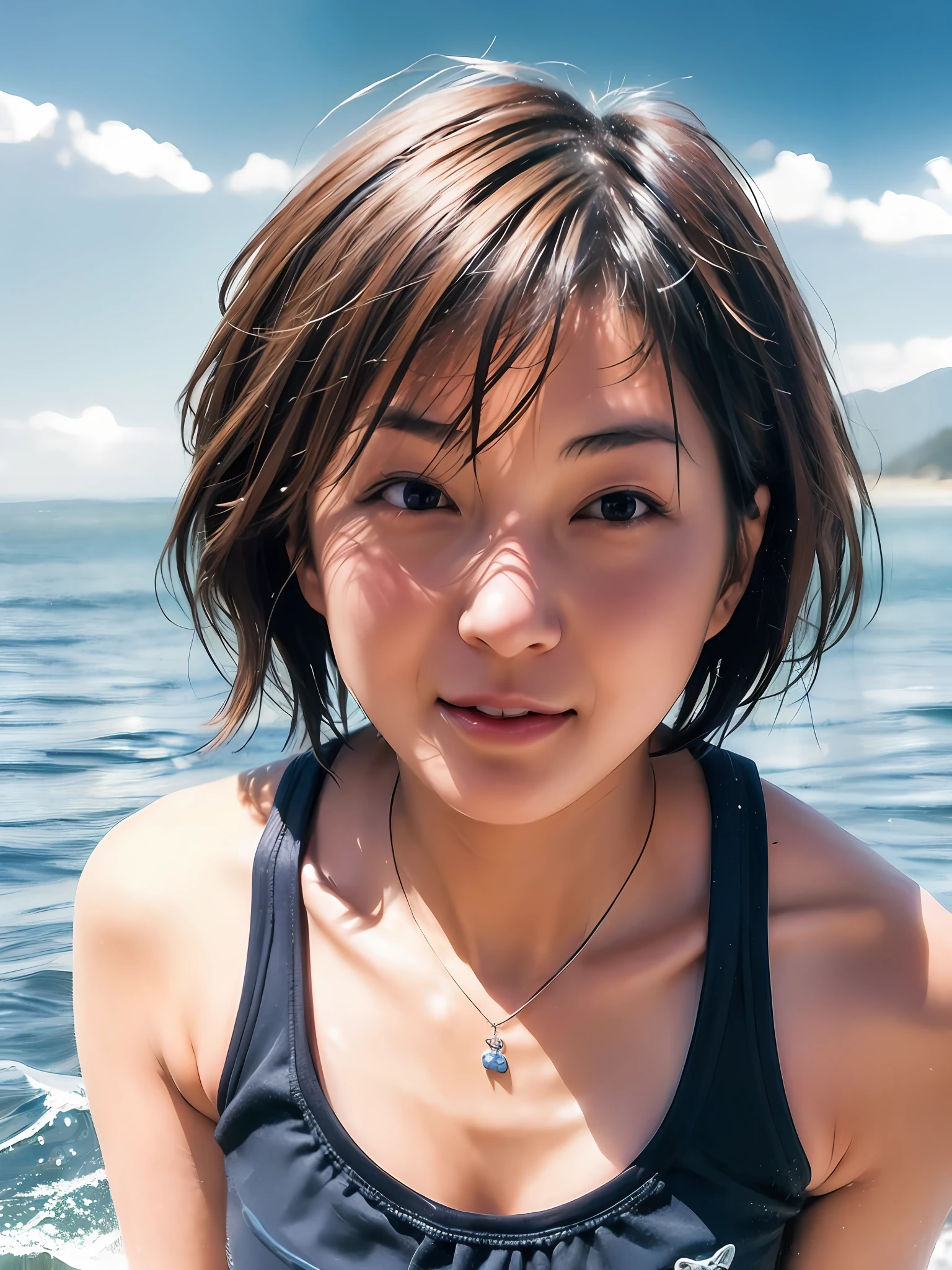 1 girl, Japan person, 45 years old, photorealistic, beautiful and detailed face, viewer, simple background, solo, sea, bikini, small breasts, tank top. sunny, summer vacation, beach, (short hair, wet), smile, movie lighting, movie, Japan drama, (necklace), earrings