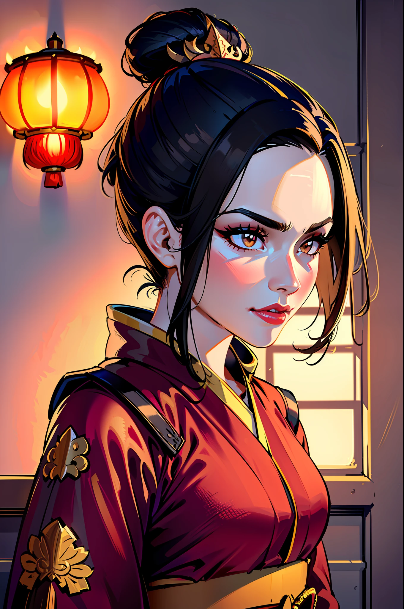 ultra-realistic 8k CG, masterpiece, ((ultra detailed background, fine drawing, intricate details, high detail, better quality fine details, hyper-detailed face)), (photorealistic: 1.4), beautiful lighting, absurdity, RAW photo, film grain, Azula, 1girl, solo, black hair, brown eyes, makeup, lipstick, red lips, single hair bun, navel, side strands, hair decoration, ((medium breasts, slim girl)), ((open kimono,  Chinese clothing)), ((intricately detailed background, inside, dim lighting, moody lighting, inside the castle, castle wall, inside, medieval castle environment)), ((close-up, portrait)),