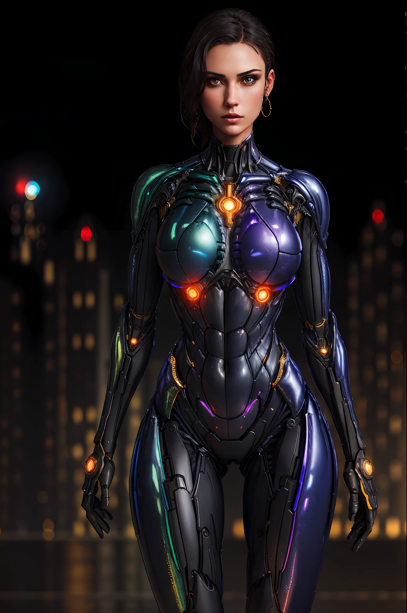RAW, 1girl, colorful, full body shot, holographic nanosuit, (masterpiece, best quality), (detailed skin:1.3, detailed face:1.3), dslr, realistic, looking at viewer, sharp focus, delicate, soft colors, cinematic lighting, lean girl, large breasts:1.2, dark background, citiscape in the background, bokeh