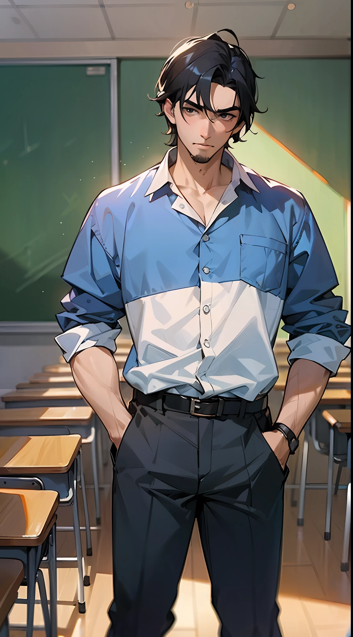 Masterpiece, of the best quality, a man with black hair, scumbag, in the classroom, Artie Guéland style