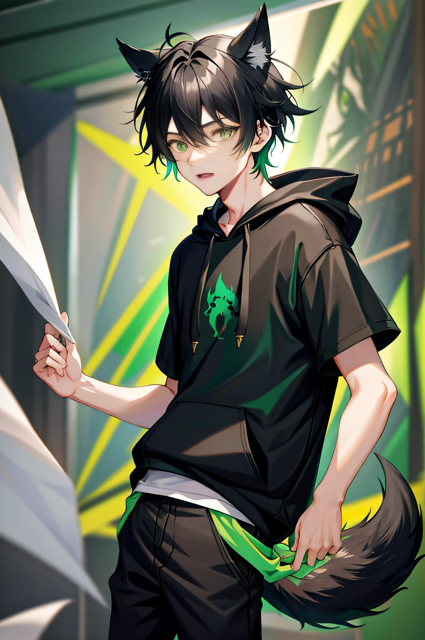 1 boy, black hair, green eyes, wolf ears, wolf tail, androgynous, black pants, forest, vibrant, hd, best quality, black hoodie with blurred background,