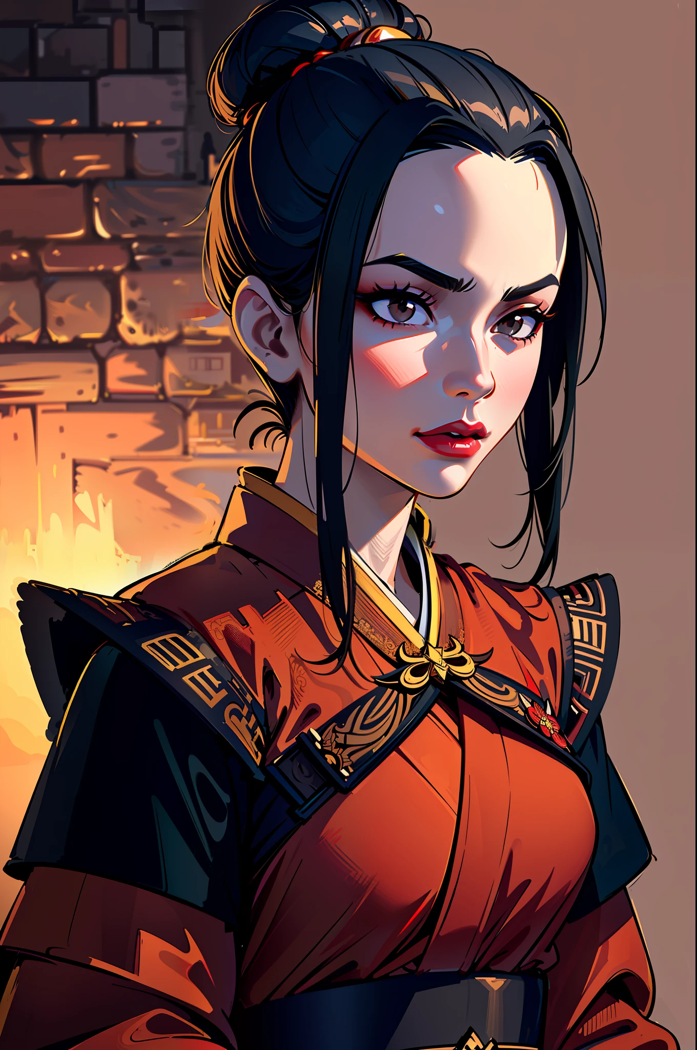 ultra-realistic 8k CG, masterpiece, ((ultra detailed background, fine drawing, intricate details, high detail, better quality fine details, hyper-detailed face)), (photorealistic: 1.4), beautiful lighting, absurdity, RAW photo, film grain, Azula, 1girl, solo, black hair, brown eyes, makeup, lipstick, red lips, single hair bun, navel, side strands, hair decoration, ((medium breasts, slim girl)), ((open kimono,  Chinese clothing)), ((intricately detailed background, inside, dim lighting, moody lighting, inside the castle, castle wall, inside, medieval castle environment)), ((close-up, portrait)),