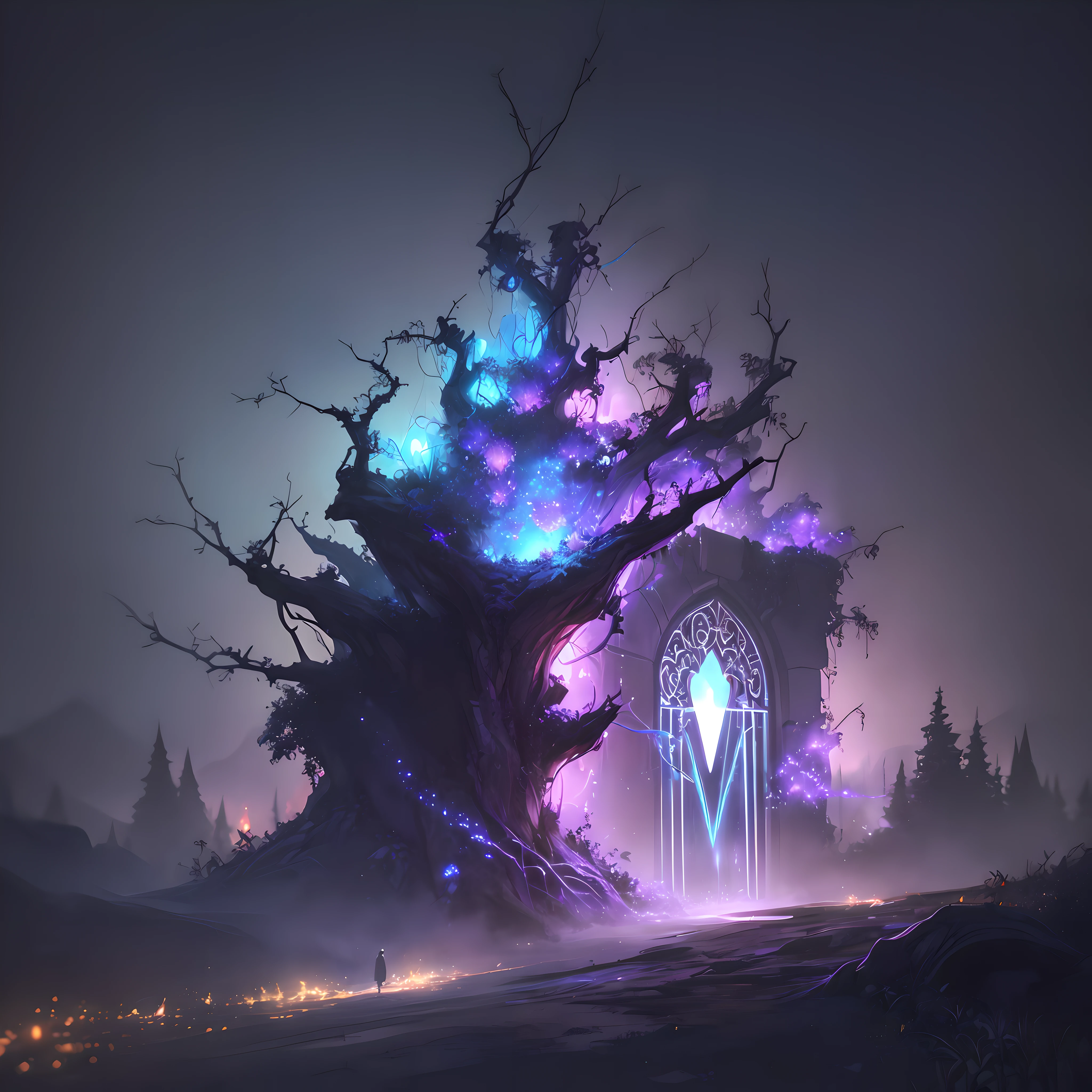 (Digital Artwork:1.3) of (Sketched:1.1) octane render of a mysterious dense forest with a large (magical:1.2) gate (portal:1.3) to the eternal kingdom, blade runner, intricate (vine:1.2), massive tree in liquid metal, realistic digital painting portrait, shot at 8k resolution, petrol liquid, pastel color, splash art, blue and purple magic universe, light engrave in intricate details, (light particle:1.2), (game concept:1.3), (depth of field:1.3), global illumination,Highly Detailed,Trending on ArtStation