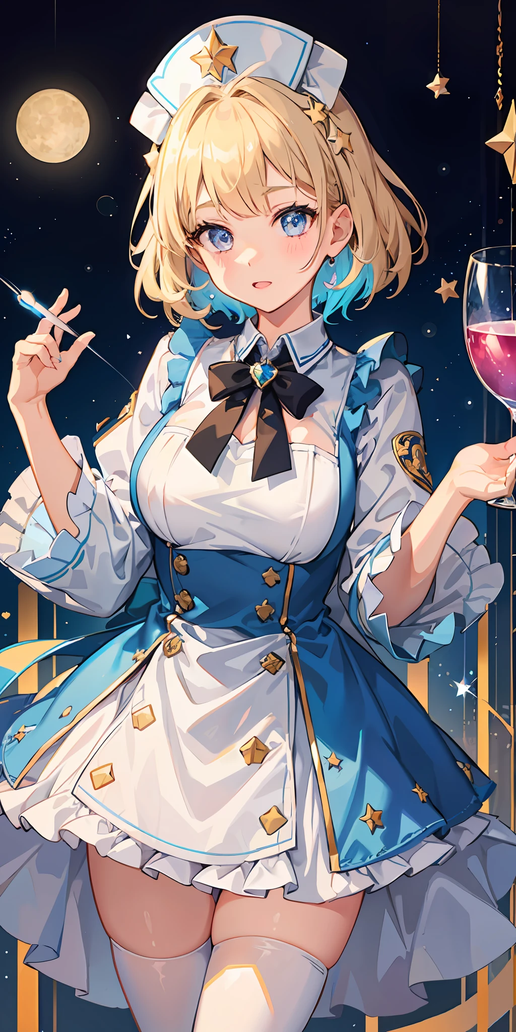 1girl, bright, blonde, light blue eyes, heart motif, star, moon, short hair, uniform bangs, multicolored hair, princess, saleme, side lights, light particles, wallpaper, big,, idol, idol costume, cute costume, fabulous outfit, dress, nurse clothes, loose, fluffy, gentle, clear, loli, sexy