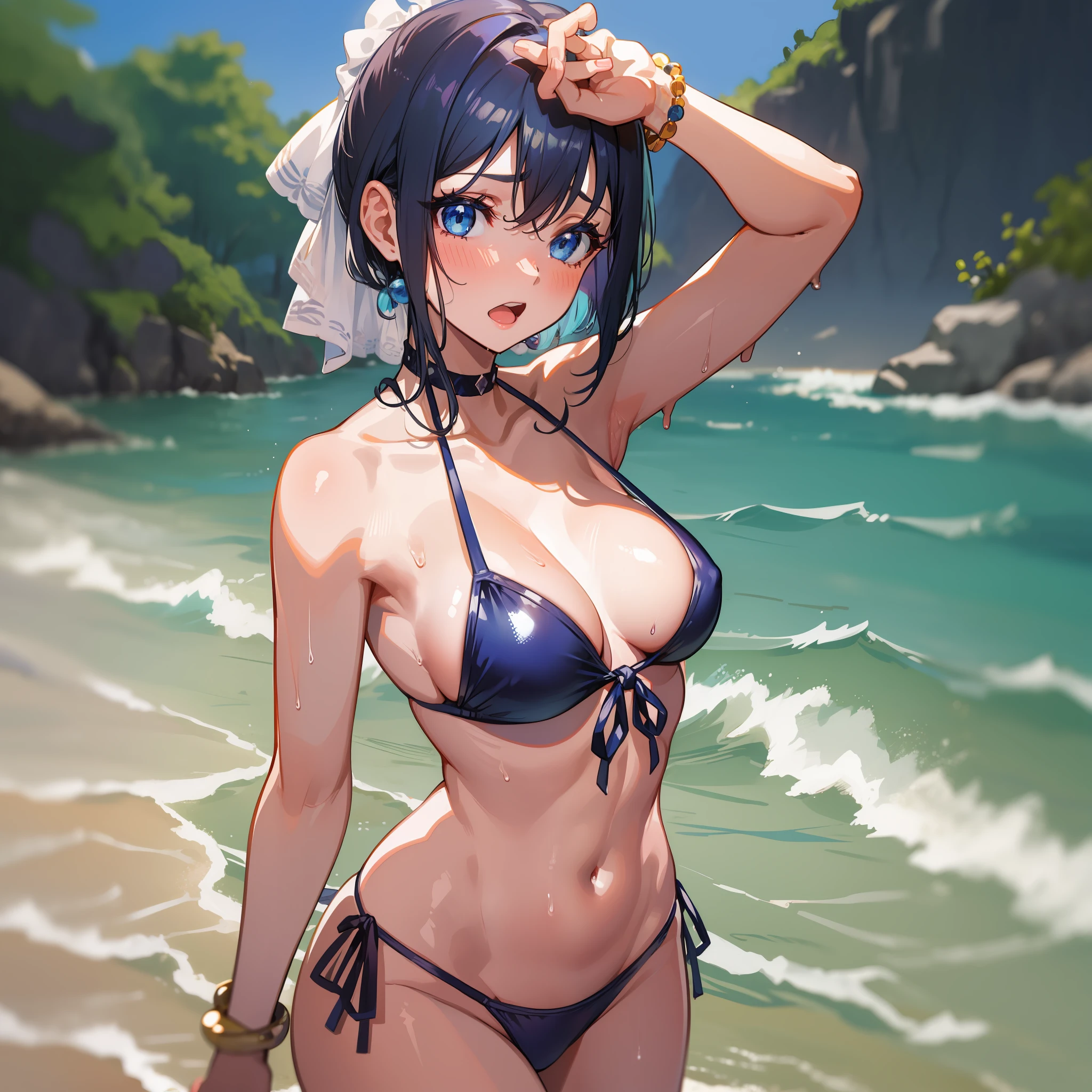 (masterpiece), ((best quality)), (super detailed), 1 girl, dark blue hair color, short hair, sea, sunrise, tan, front tie_bikini_top, side tie_bikini_bottom, white bikini, hair between eyes, dark blue eyes, beaded bracelet, wrist scrunchies, long nails, open mouth, blush, sweat, wet body, bangs, small breasts, fixed fingers, looking_al_ Viewer, rich detail, perfect image quality,
