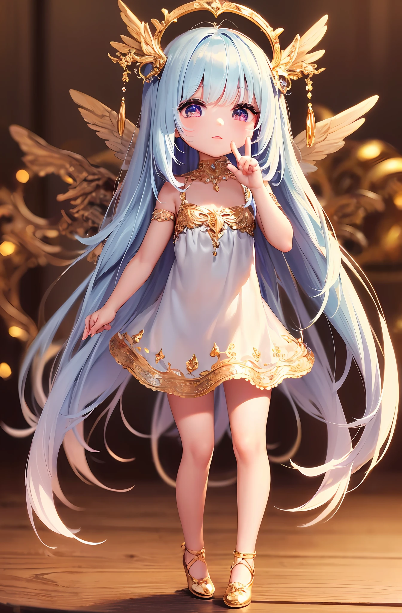 (Chibi: 1.3), (Masterpiece: 1.4), (Best Quality: 1.4), (Very cute angel girl, super detailed face, jewel-like eyes, white very long hair, colorful gradient hair: 1.4), (Angel Ring:
1.4), (Angel Wings: 1.4), (Full Body, Perfect 2 Arms, Perfect 2 Legs: 1.4), (Perfect 4 Fingers: 1 Thumb), Light, Shine, Bokeh, Super Fine, Full Body, Standing