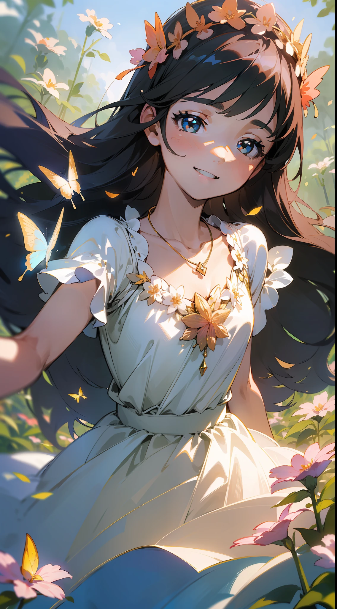 (Decorative composition: 1.6), masterpiece, high quality, (((photorealistic)), cinematic direction, (high contrast), depth of field, (award-winning difference photo), face detail, detailed drawing, there is a place in the forest where flowers bloom, girl dancing in a snow-white summer dress in the flower field, girl is 9 , black hair very long hair, summer sky, summer clouds, (summer dazzling sunlight:1.4), flower garden, open-arms girl, necklace, flower crown, butterfly, fluttering petals, dynamic movement, dancing, smiling, showing teeth,