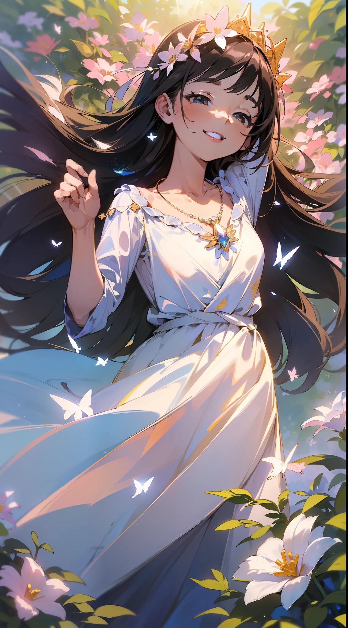 (Decorative composition: 1.6), masterpiece, high quality, (((photorealistic)), cinematic direction, (high contrast), depth of field, (award-winning difference photo), face detail, detailed drawing, there is a place in the forest where flowers bloom, girl dancing in a snow-white summer dress in the flower field, girl is 9 years old, black hair very long hair, summer sky, summer clouds, (summer dazzling sunlight:1.4), flower garden, open-arms girl, necklace, flower crown, butterfly, fluttering petals, dynamic movement, dancing, smiling, showing teeth,