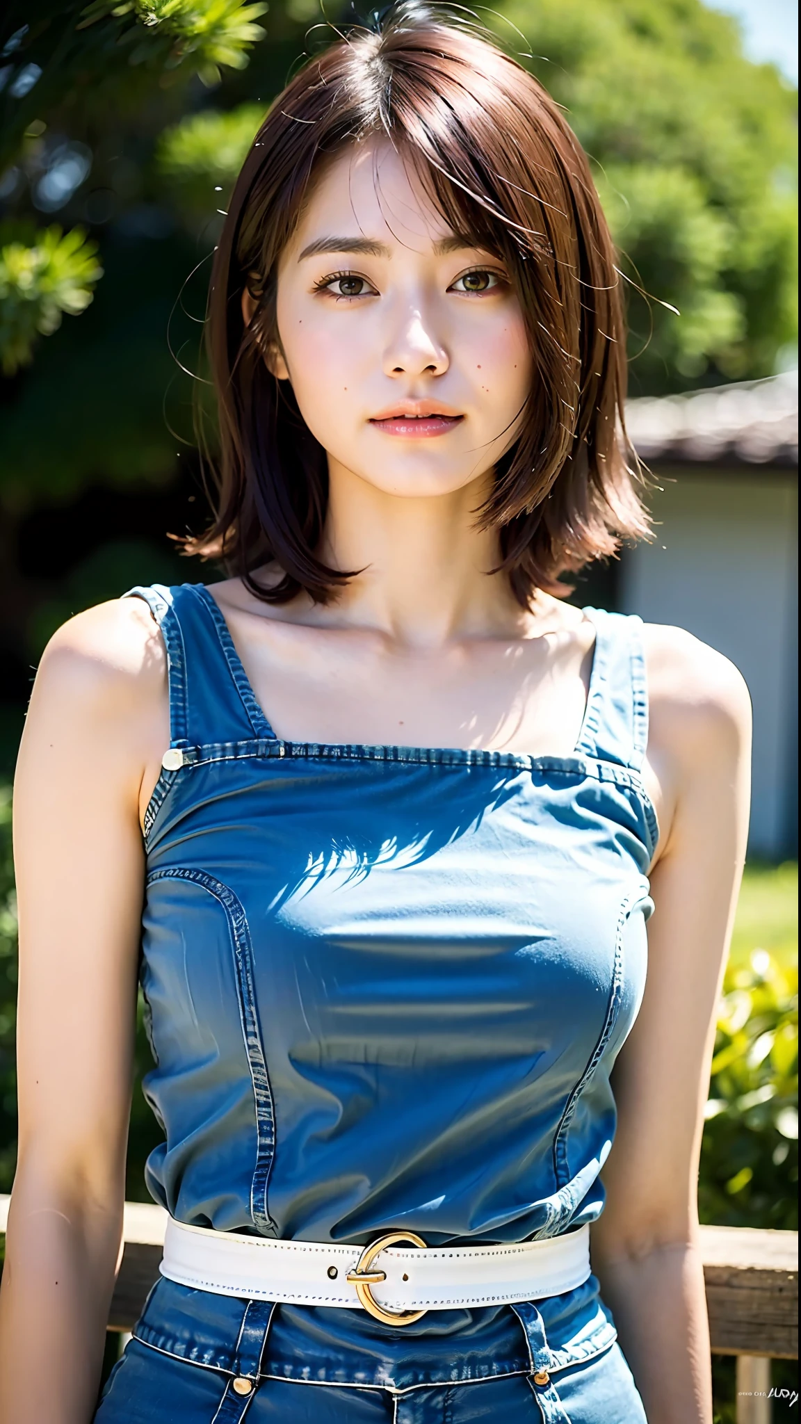 (Top Quality, 8k, 32k, Masterpiece, UHD: 1.2), 1 girl, 18 years old, Beautiful perfect face, clean Japan, Big, holiday, soft smile, constricted waist, beautiful eyes, intricate details, fine-grained skin, short hair,