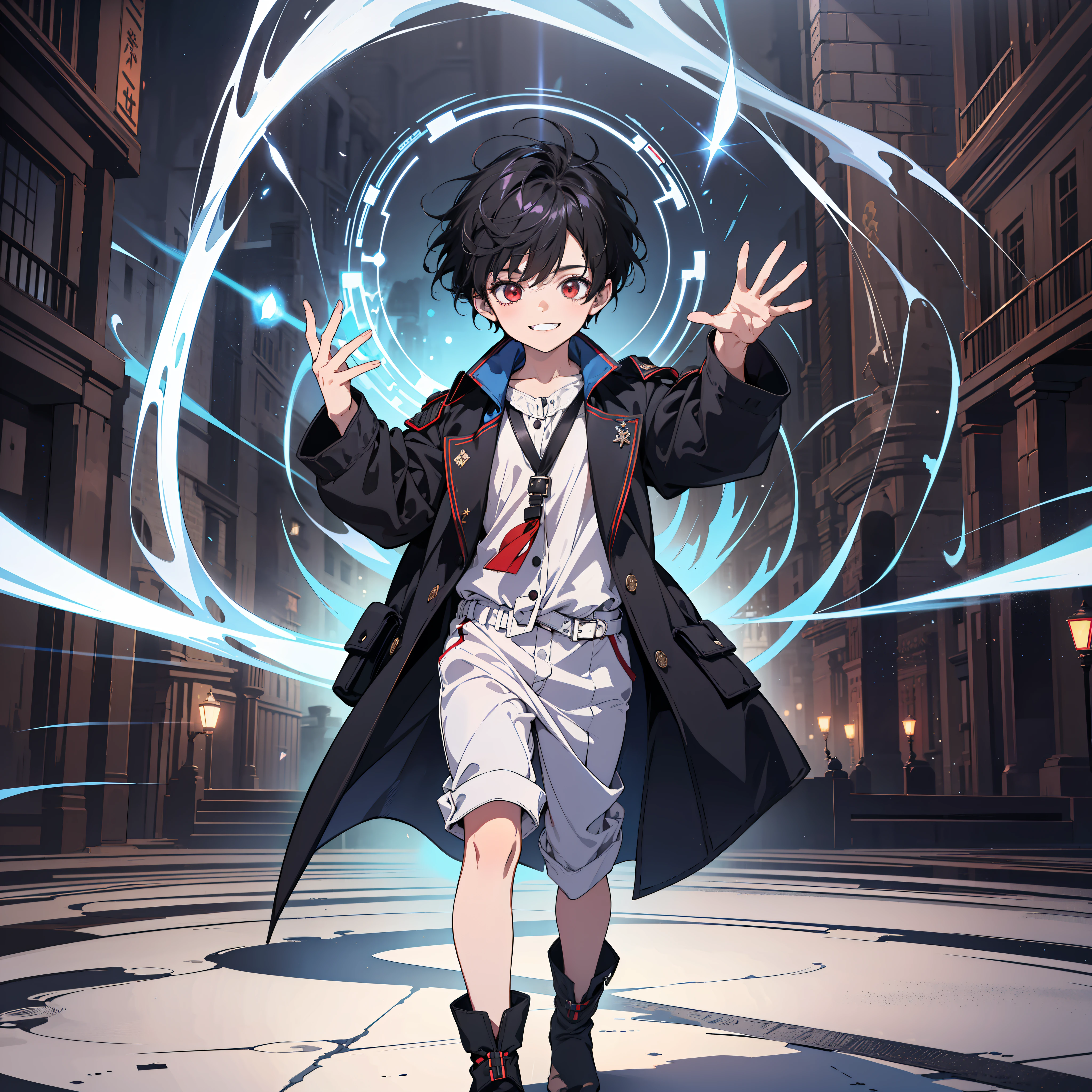 (ridiculous, high resolution), (panorama), , red eyes, short hair, black hair, smile, white clothes, black trench coat, (white magic streamer with hands), western-style town, square, magic bloom, (blue magic array under the feet), crowd surrounded, daytime, magic vortex, sparks,