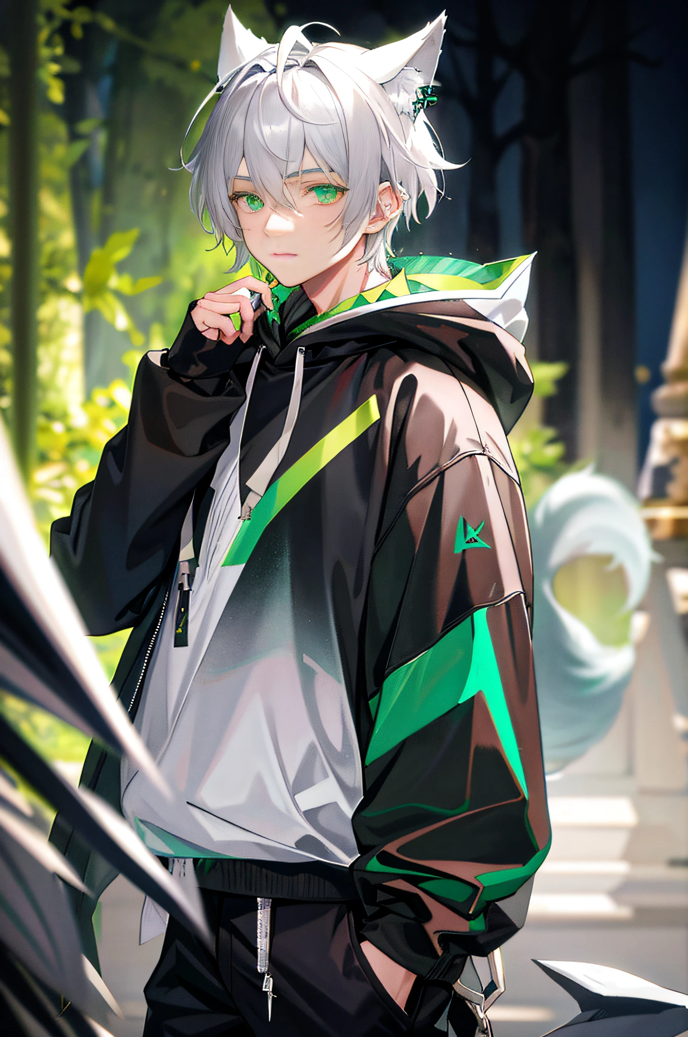 1 boy, silver hair, green eyes, wolf ears, wolf tail, hermaphrodite, black pants, forest, vibrant, hd, best quality, black hoodie with blurred background,