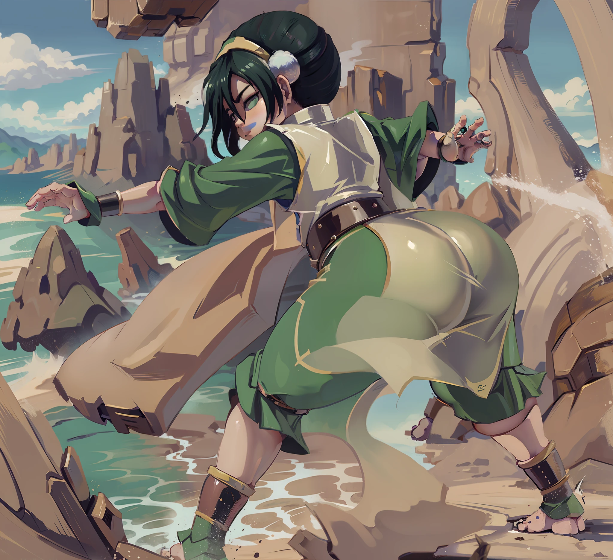 Toph bei fong, young girl, earth nation outfit, belt,  butt covering, blind, hair bun, view from behind, earth bending, showing her ass in battle