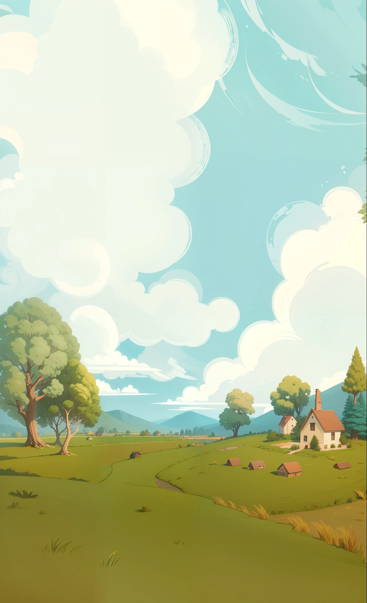 High quality, super detailed, HD Q version cartoon style. The illustration shows a beautiful little house on the field, a landscape set against the background of scattered trees, and a village in the background, sunny and rustic. Happy illustration with excellent detail and vivid background. --auto --s2