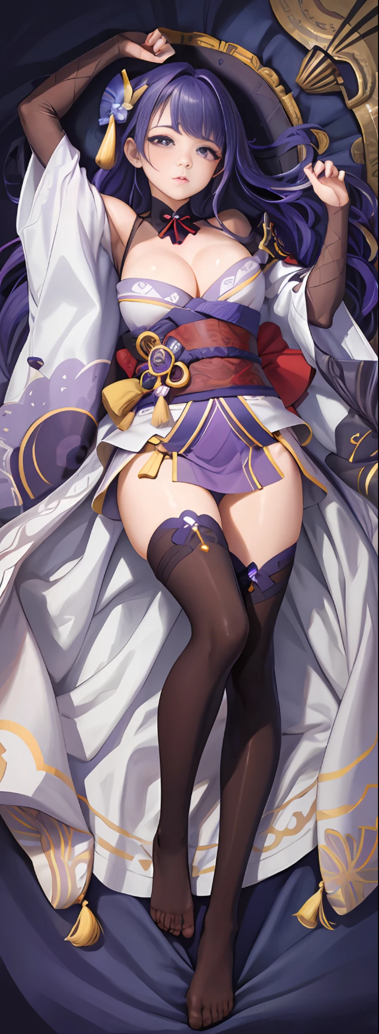 (Masterpiece, Top Quality, Best Quality, Official Art, Beauty and Aesthetics: 1.2), (1girl: 1.3), Extreme Detail, (Fractal Art: 1.3), Colorful, Most Detailed, 4K, Realistic, Very Meticulous, There is a girl in bed, she is sleepy, all body, raidenshogundef, dakimakura, lying down
