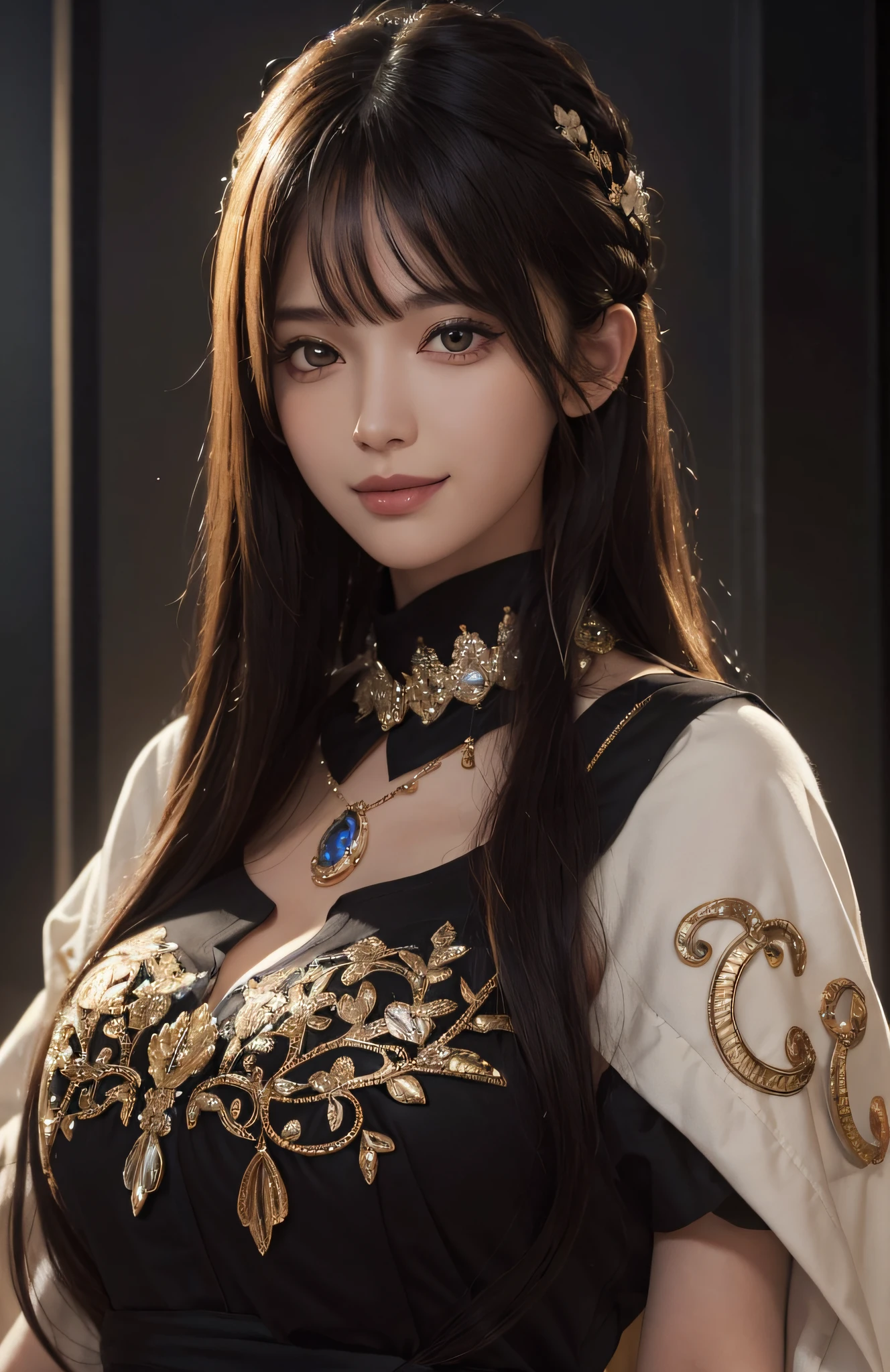 (Ultra Realistic), (Illustration), (Increased Resolution), (8K), (Extremely Detailed), (Best Illustration), (Beautiful and Detailed Eyes), (Best Quality), (Ultra Detailed), (Masterpiece ), ( wallpaper), (detailed face), solo, 1 girl, looking at viewer, fine details, detailed face, in the dark, deep shadows, low key, pureerosfaceace_v1, smiling, long hair, black shawl straight hair , 46 points oblique bangs