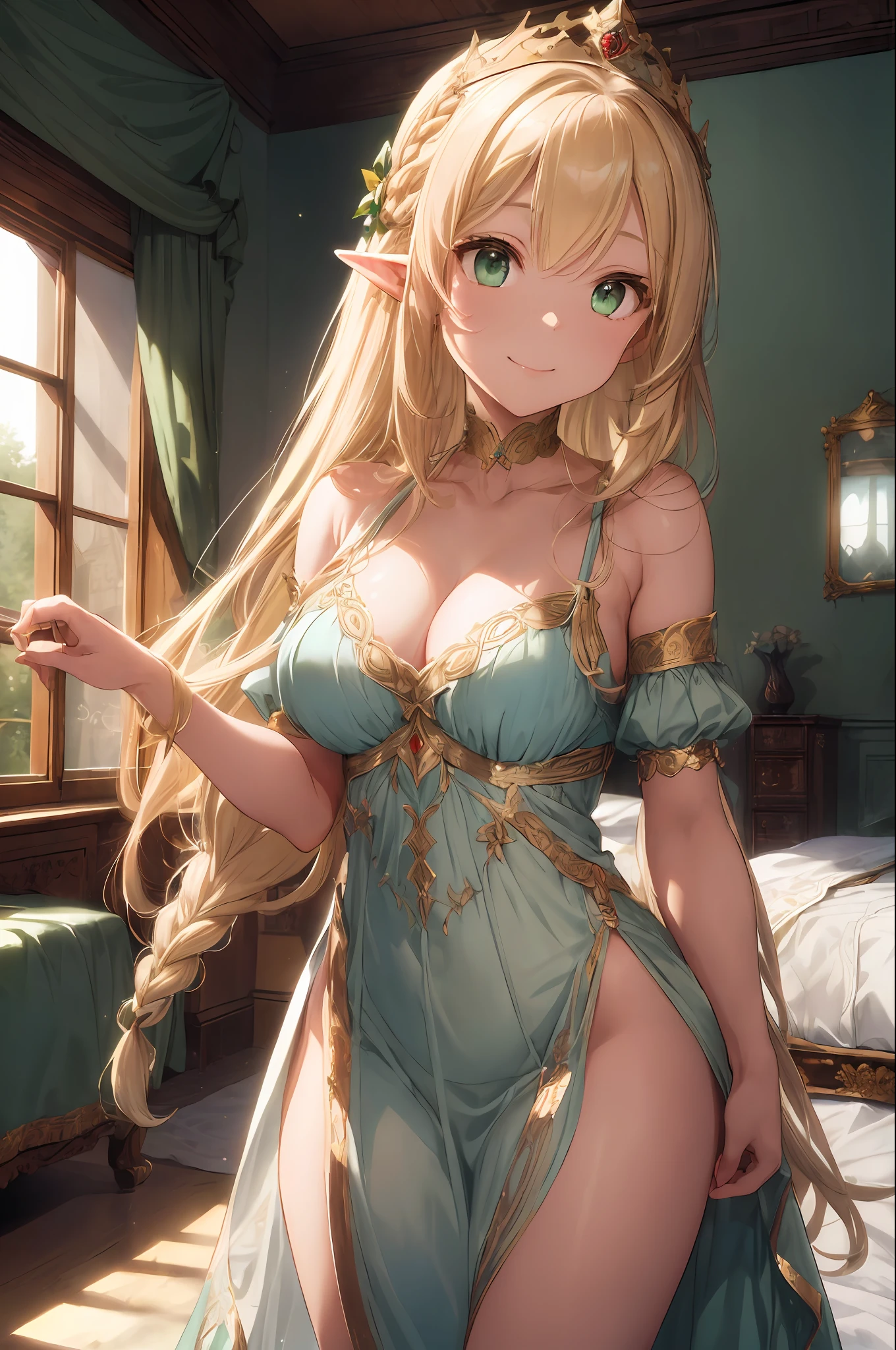(((Masterpiece, top quality, precision, ultra-detail)))), (Fantasy))), ((Elf Queen)))), (Gold embroidered white nenite nightgown)))), (Blonde long braid hair), (Big glowing dark green eyes), ((Big)), (Luxurious queen's bedroom with high ceiling), (Luxurious queen's big bed with awning), smile, (( Castle gardens outside the large windows leading to the veranda)), (swaying curtains), breeze, dynamic angles