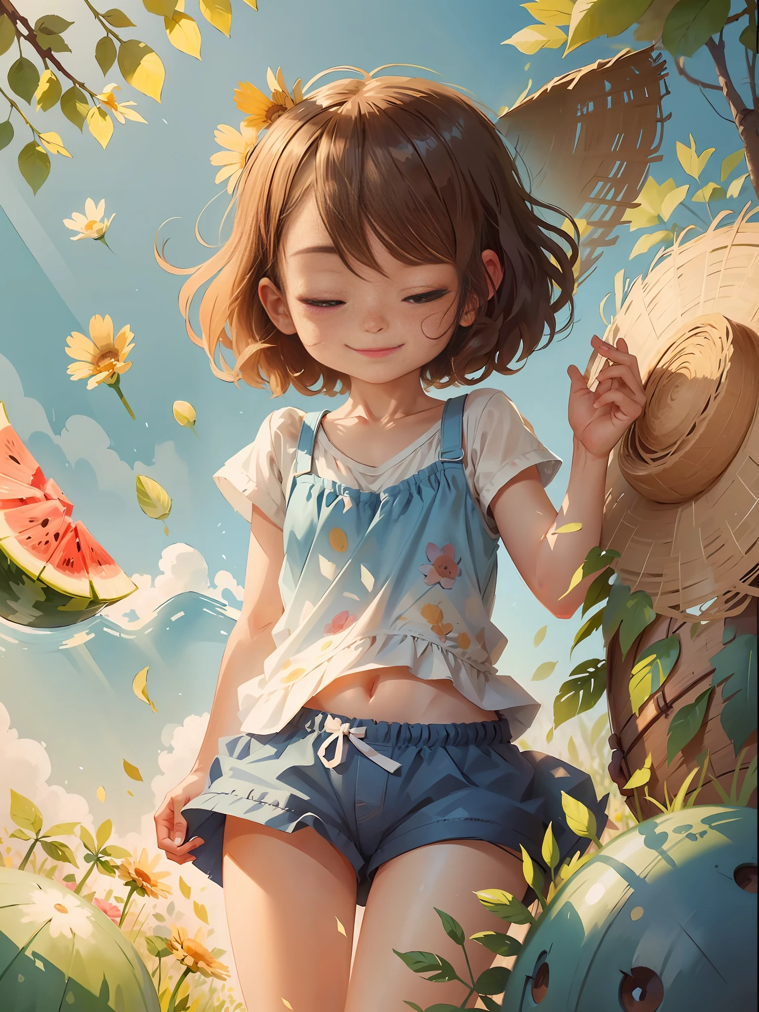 Holding an oversized golden straw hat, straw weaving, lots of details, perfect skin, small flower embellishments, masterpieces, highest quality, perfect light and shadow