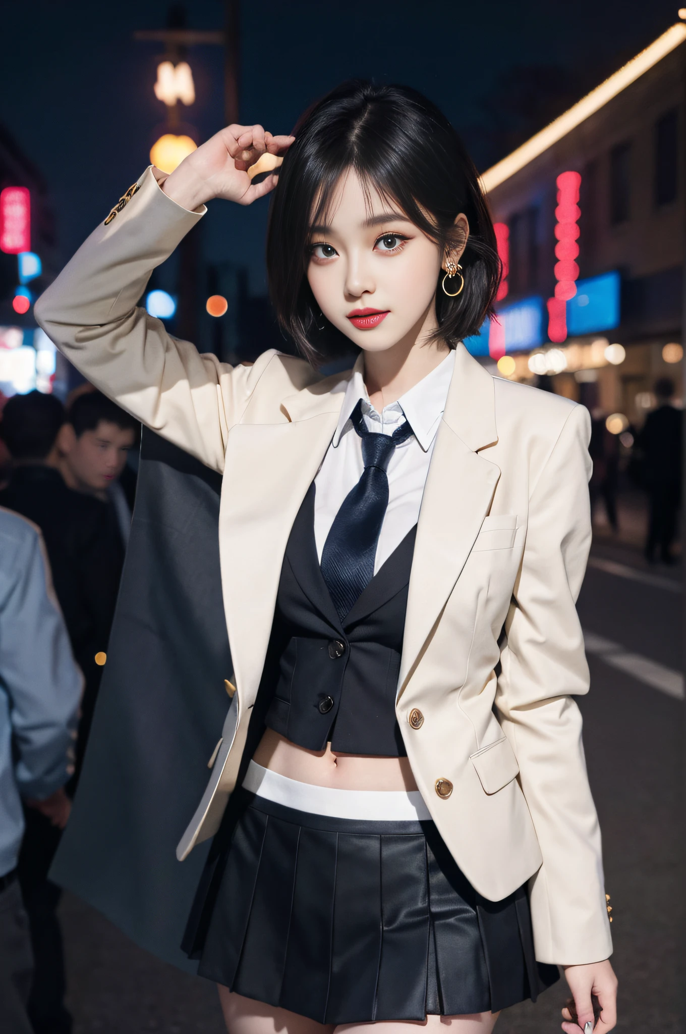 8K RAW photos, high resolution, 21-year-old cool Korean, big round breasts, school uniform, tie, tie ribbon, blazer, skirt, beautiful eyes in detail, long eyelashes, beautiful double eyelids, eye shadow, slit eyes, sanpaku eyes, dark eye makeup, evil smile, beautiful thin legs, short hair tied at the back, earrings, downtown at night, boulevard at night