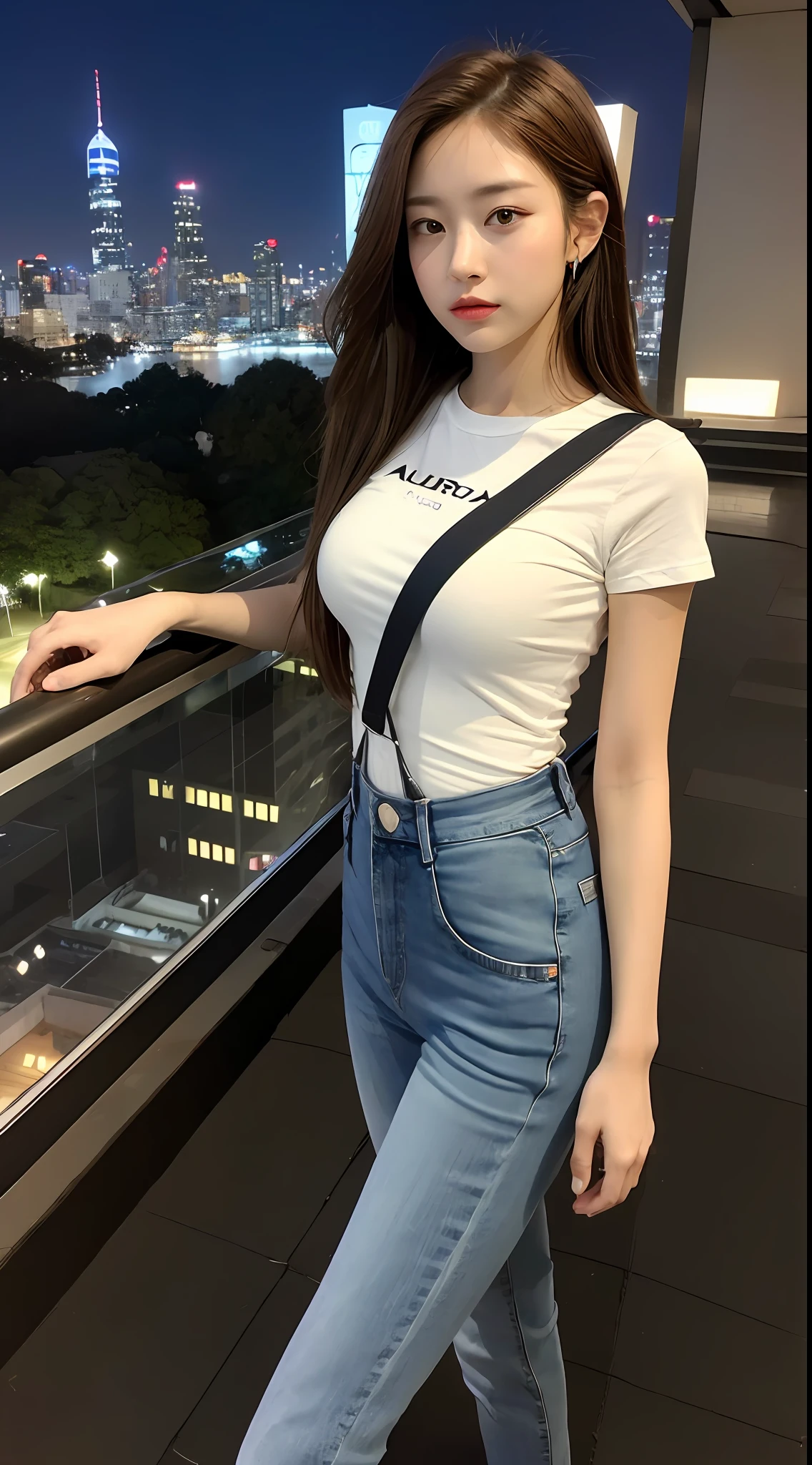 ((Midnight, Acura, 8K, Masterpiece: 1.3)), Full body, Long legs, Focal length: 1.2, Perfect Body Beauty: 1.4, Slim Abs: 1.1, ((Dark Brown Hair, Big Tits: 1.1)), (White Skinny T-shirt, Denim Suspenders, Standing: 1.2), ((City Night View, Roof: 1.3)), Highly detailed face and skin texture, Fine eyes, Double eyelids