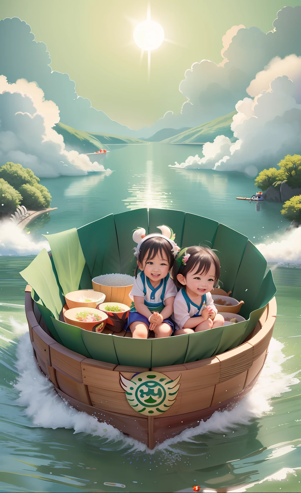 Dragon Boat Festival, the background is light green national style, there are white clouds and blue sky and sun, there are two cute child characters in the middle, smiling, wearing rice dumpling leaves, illustration style, high quality