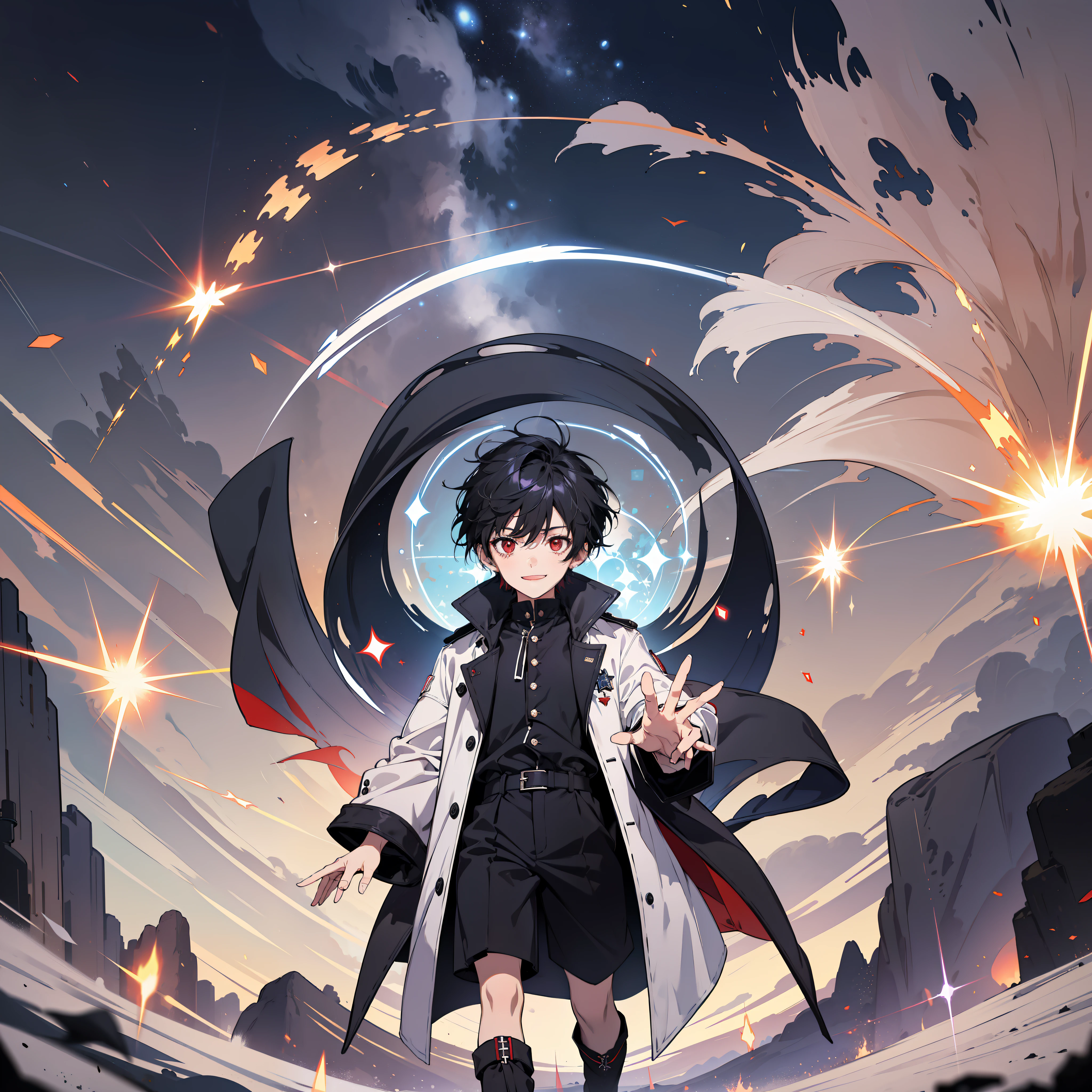 (ridiculous, high resolution), (panorama), little boy, red eyes, short hair, black hair, smile, white clothes, black trench coat, (white magic streamer with hands), western-style town, square, magic bloom, (blue magic array under the feet), crowd surrounded, daytime, magic vortex, sparks,