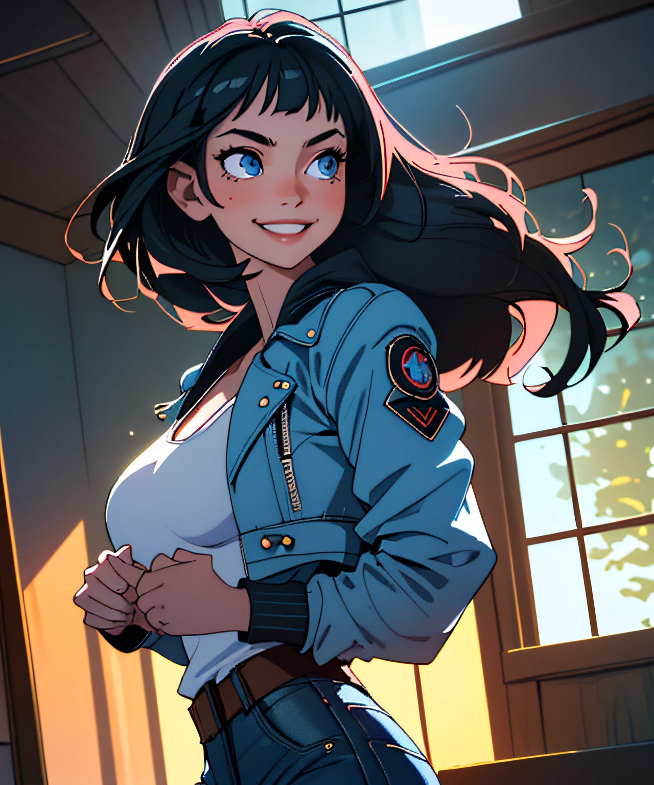 raw foto(masterpiece, best quality, ultra-detailed), (detailed background), (beautiful detailed face), high contrast, (best illumination, an extremely delicate and beautiful), ((cinematic light)), colorful, hyper detail, dramatic light, intricate details, (1girl, solo, smile, blue eyes, long black hair, smooth body, sharp face, nsfw, large breasts, open jacket, denim, perfect hands, dynamic angle), indoor