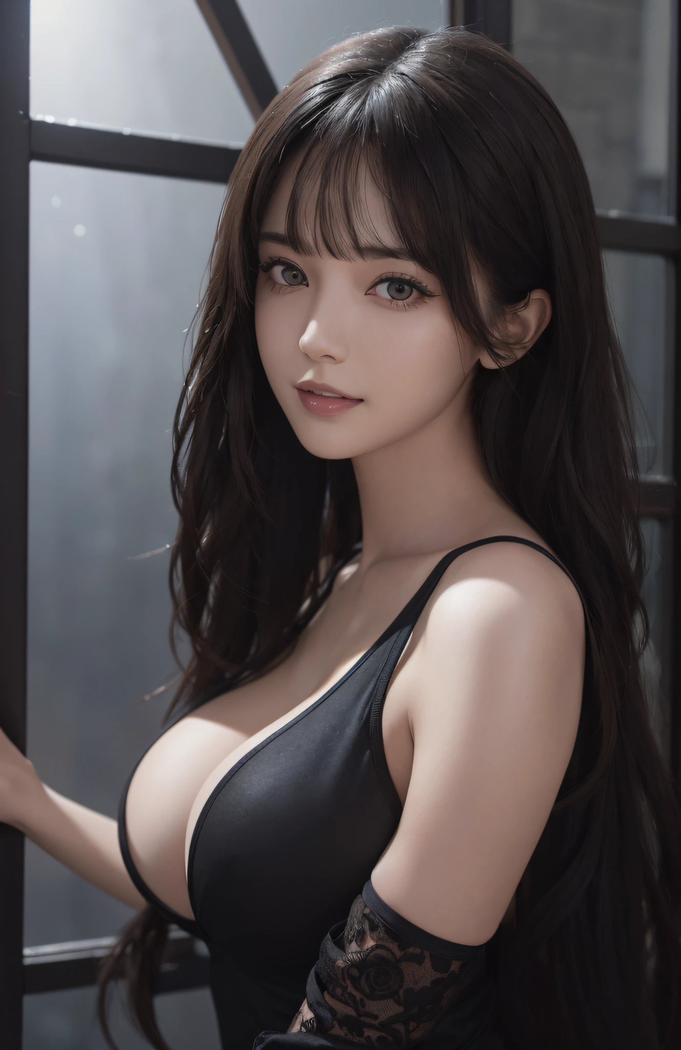 (Ultra Realistic), (Illustration), (High Resolution), (8K), (Very Detailed), (Best Illustration), (Beautiful and Detailed Eyes), (Best Quality), (Ultra Detailed), (Masterpiece), (Wallpaper), (Detailed Face), Solo, Beautiful Teeth, One Girl, Watching Viewer, Fine Details, Detailed Face, In the Dark, Deep Shadows, Low Key, Sexy Swimsuit, pureerosfaceace_v1, Smile, long hair, black shawl straight hair, 46-point oblique bangs, bangs,
