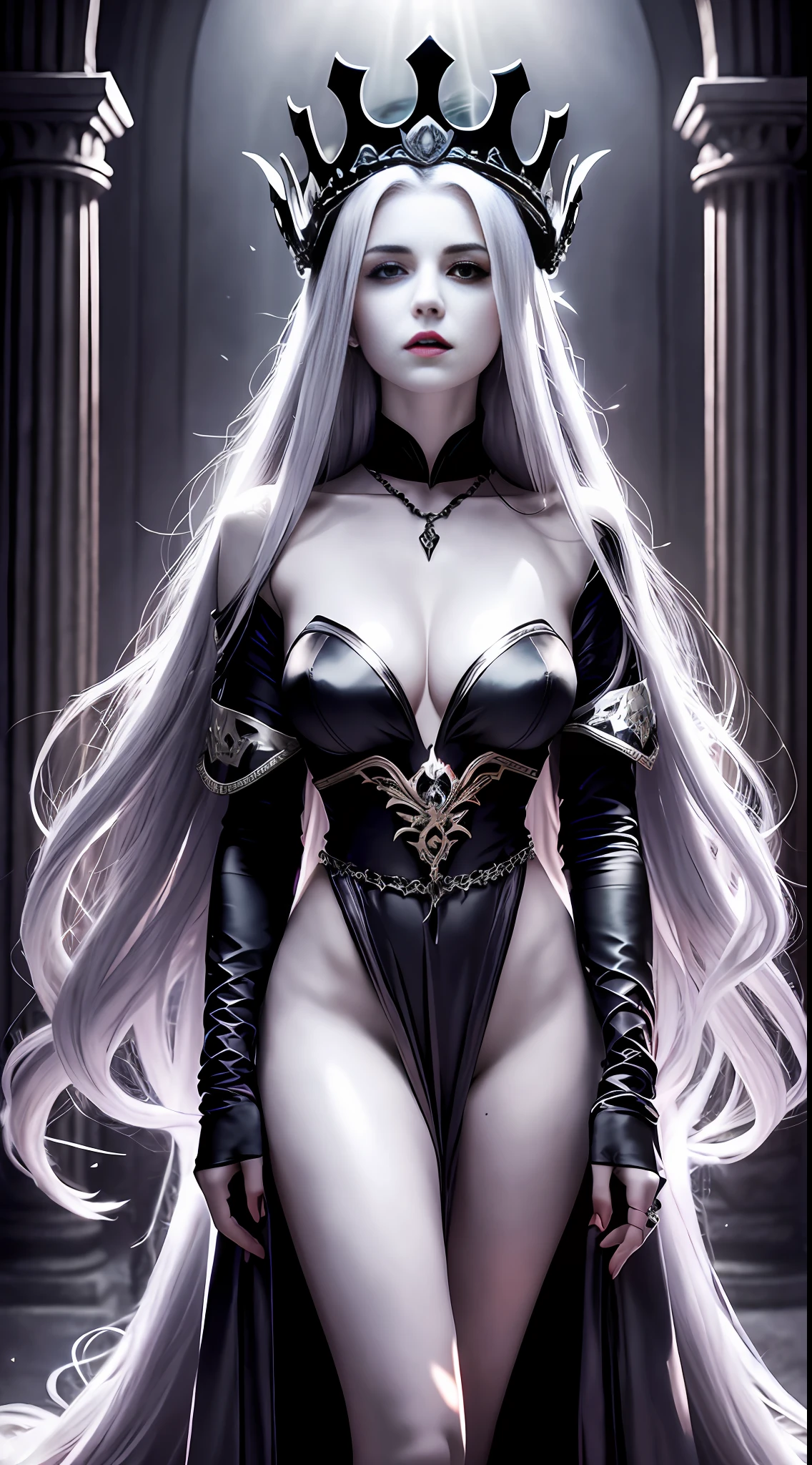 Vampire Queen, light gray long hair, crown on head, large chest, exposed collarbone, navel, dark style, backlight, film graininess, fluorescence, full body photo, 1080P.