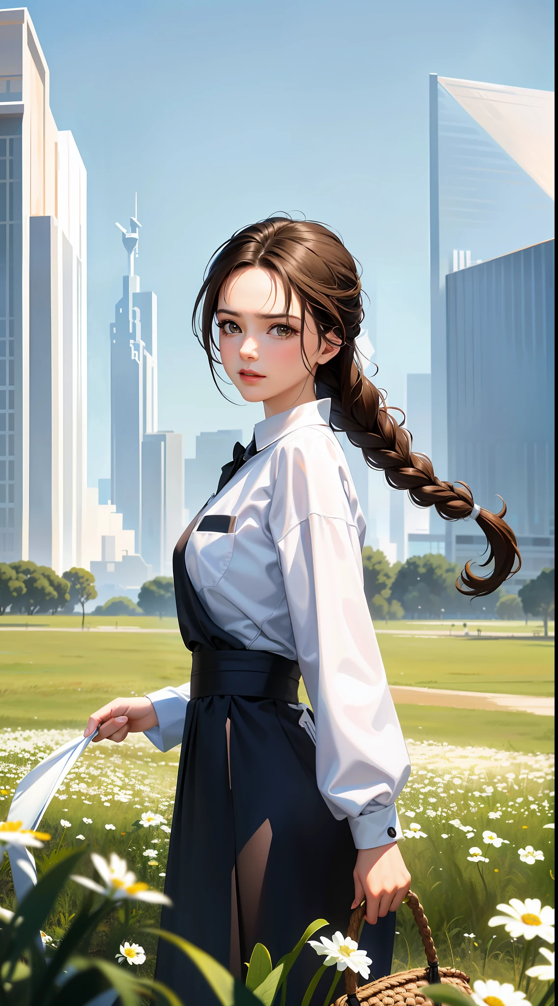 Movie Poster,Single,Most Real,Highest Resolution,Face Resolution,(((Braid Hairstyle: 1.5)),Science Fiction,Sci-Fi,Based on the movie Foundation,View from Front,Angry,(Middle-aged Adult:1.3),40-year-old woman,Black one-sided hairstyle,Brown eyes,(Based on white scientist set :1.5),Filed in the middle of an open grassland with a breeze blowing,Top quality images