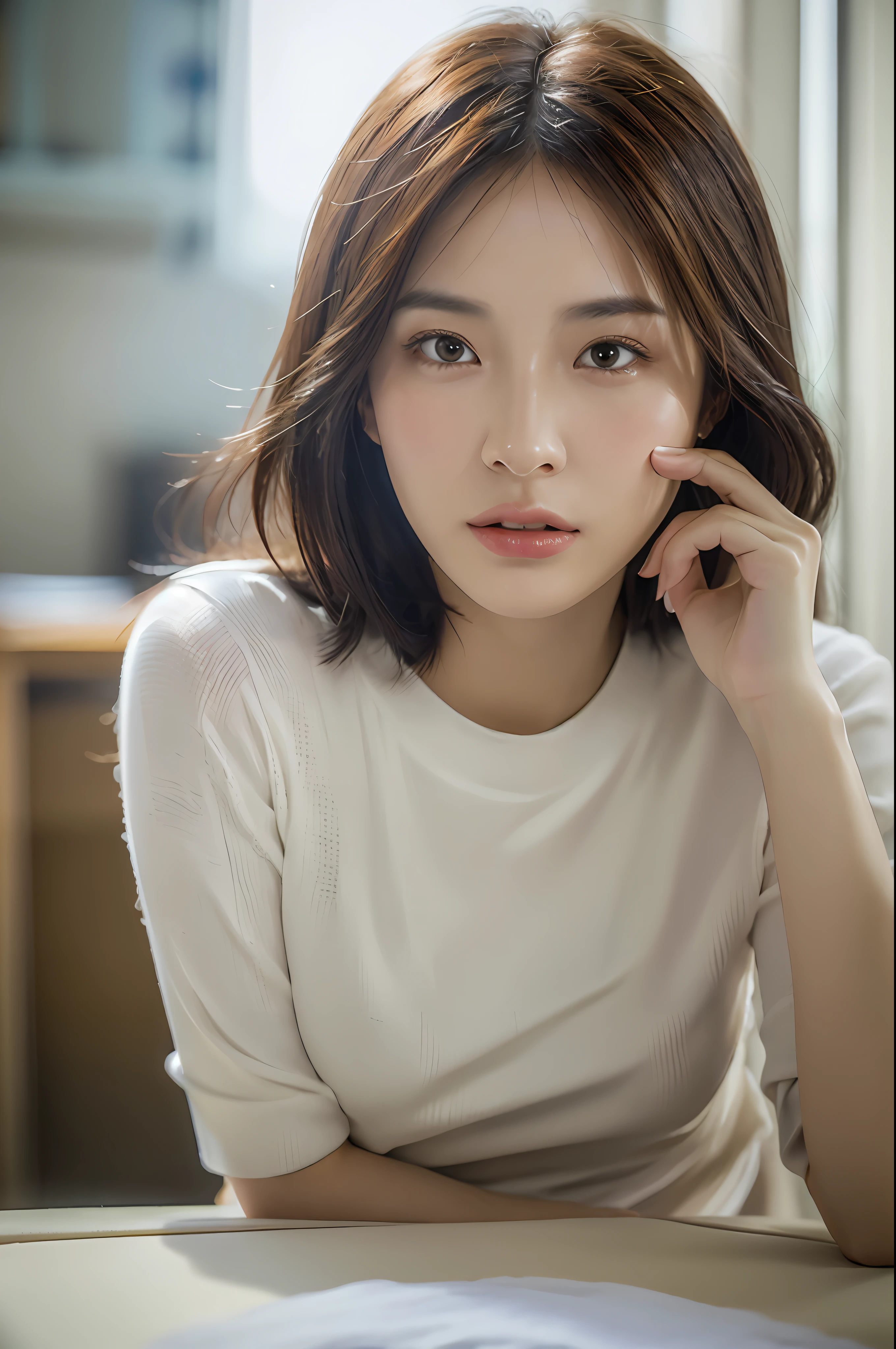 dressed, (photo realistic:1.4), (hyper realistic:1.4), (realistic:1.3),
(smoother lighting:1.05), (increase cinematic lighting quality:0.9), 32K,
1girl,20yo girl, realistic lighting, backlighting, light on face, ray trace, (brightening light:1.2), (Increase quality:1.4),
(best quality real texture skin:1.4), finely detailed eyes, finely detailed face, finely quality eyes,
(tired and sleepy and satisfied:0.0), face closeup, t-shirts,
(Increase body line mood:1.1), (Increase skin texture beauty:1.1)