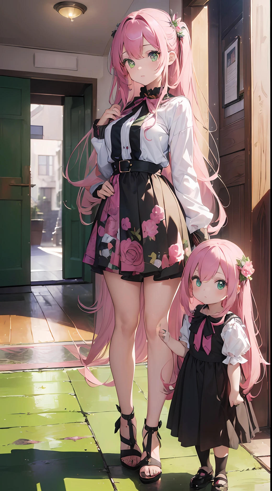 (((Masterpiece)), Full Body ((Super detail, highest quality, High Definition, 8K wallpaper)) (Mother and ) (Pink hair, long hair, straight hair, both sides up)) (green eyes), eyeshadow, eyeliner, glow eyes, hyper detail eyes, complex eyes, beautiful eyes, (glowing pink pupils)) apartment entrance