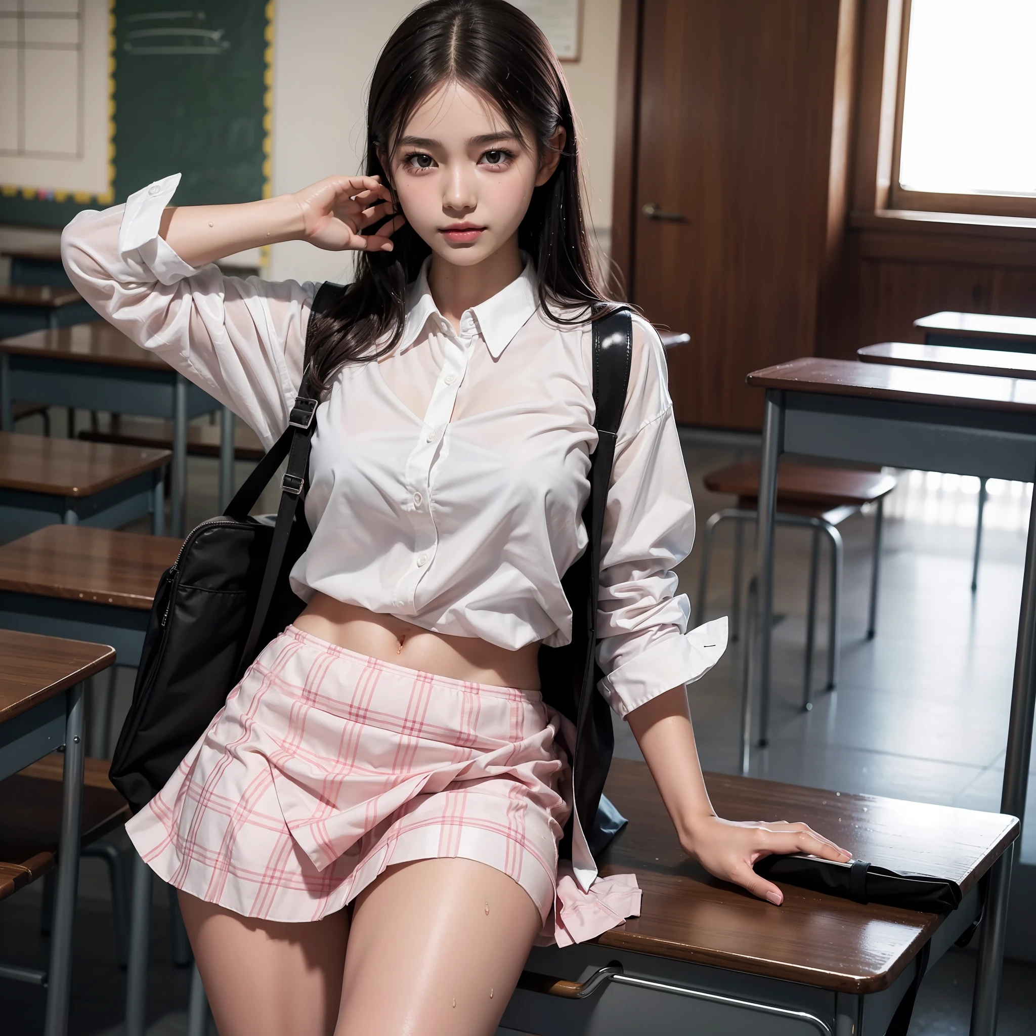 Masterpiece, best quality: 1.2), surrealist schoolgirl, solo, 1 girl, (shiny skin, wet skin: 1.2), pink lingerie, sweating, slight smile, looking at the audience, school uniform, white shirt, plaid skirt, thighs, classroom surreal schoolgirl, real photo style,