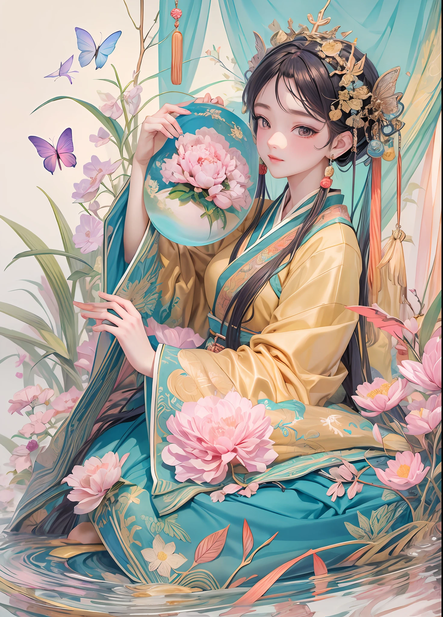 Masterpiece, highest quality, official art, 8k wallpaper, RAWE extreme detail, illustration, 1 girl, period costume, Hanfu, Lin Daiyu, butterfly