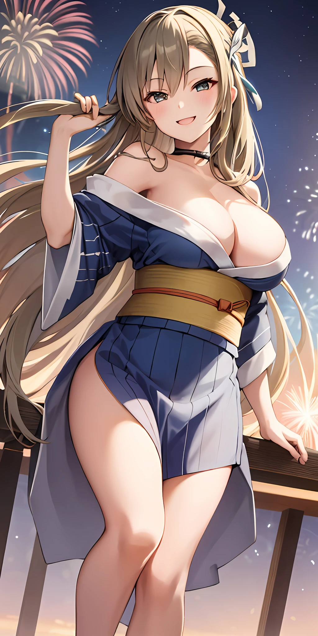1girl, solo, asuna, long hair, large breasts, cleavage, smiling, (off shoulder yukata), fireworks background