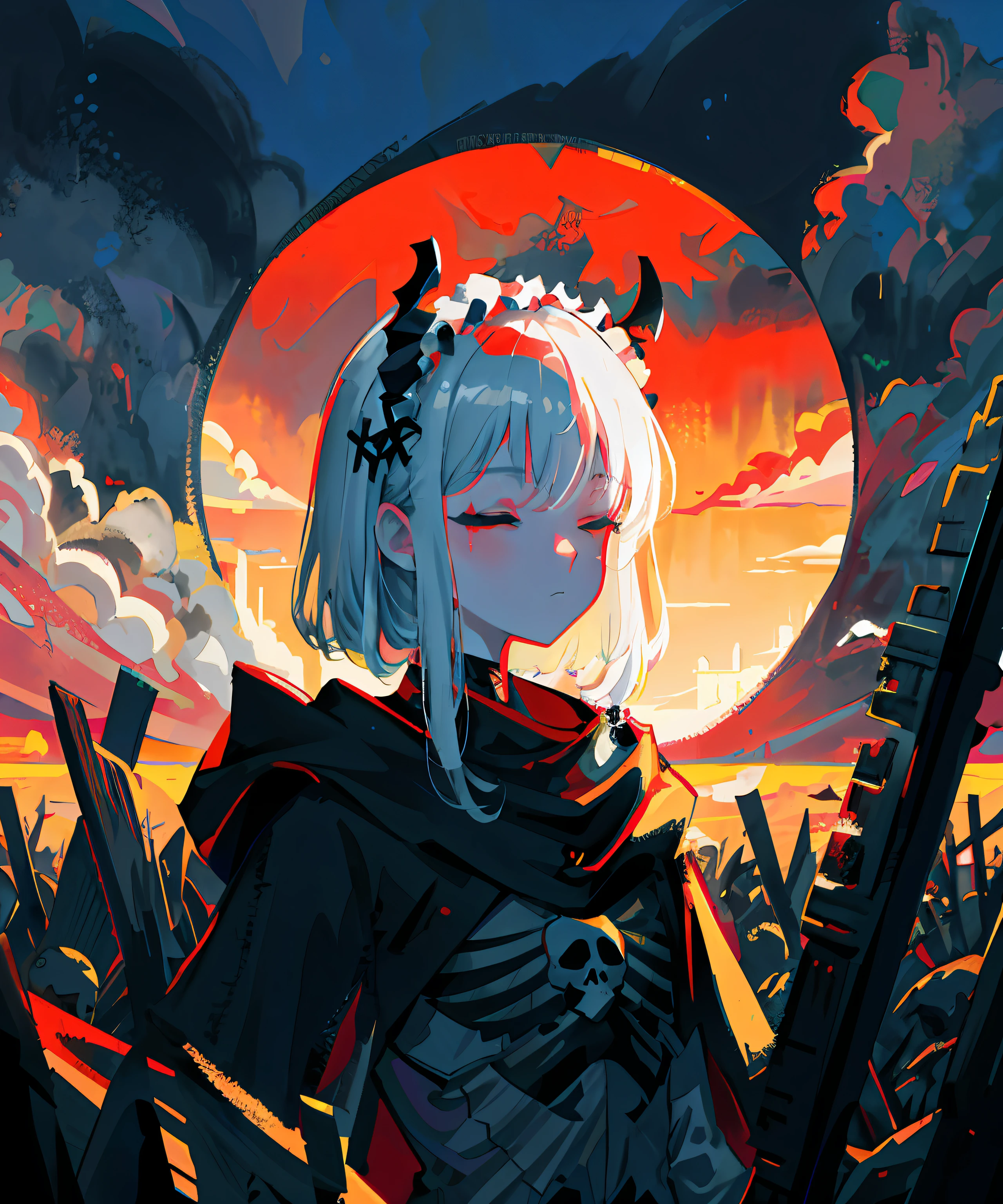 Raw foto,((masterpiece, best quality, illustration)), high detail, chaos theme, horror theme, girl, eyes closed, mask, skull, headdress, skeletal armor, skeletal print, armored dress, floating cloak, jacket off, solo, many planted_sword, ruins, overcast sky, snow, dark lighting