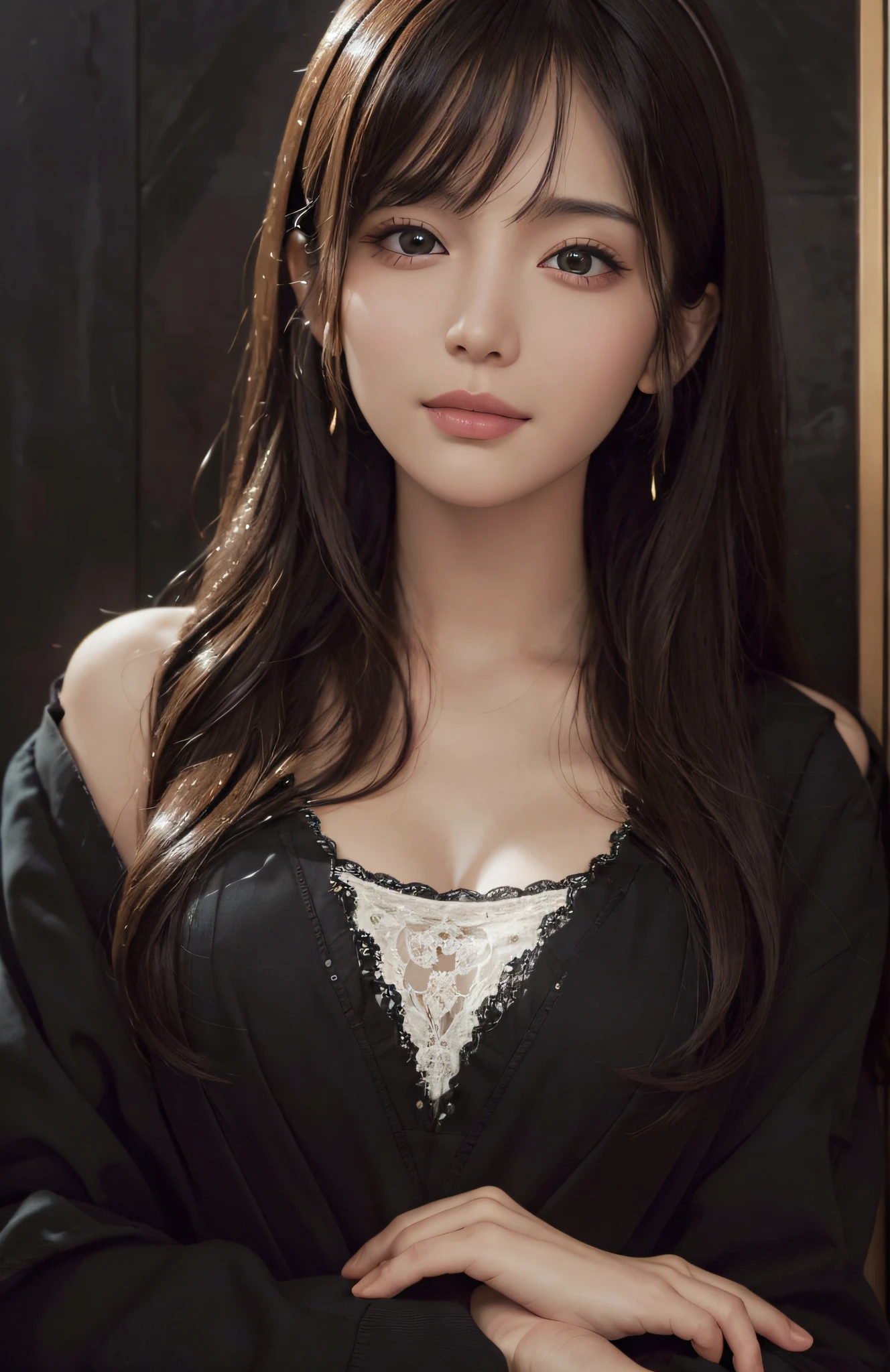 (Ultra Realistic), (Illustration), (High Resolution), (8K), (Very Detailed), (Best Illustration), (Beautiful and Detailed Eyes), (Best Quality), (Ultra Detailed), (Masterpiece), (Wallpaper), (Detailed Face), Solo, Full Body, One Girl, Look Viewer, Fine Details, Detailed Face, In the Dark, Deep Shadows, Low Key, pureerosfaceace_v1, Smile, Long Hair, Black shawl straight hair, 46-point diagonal bangs