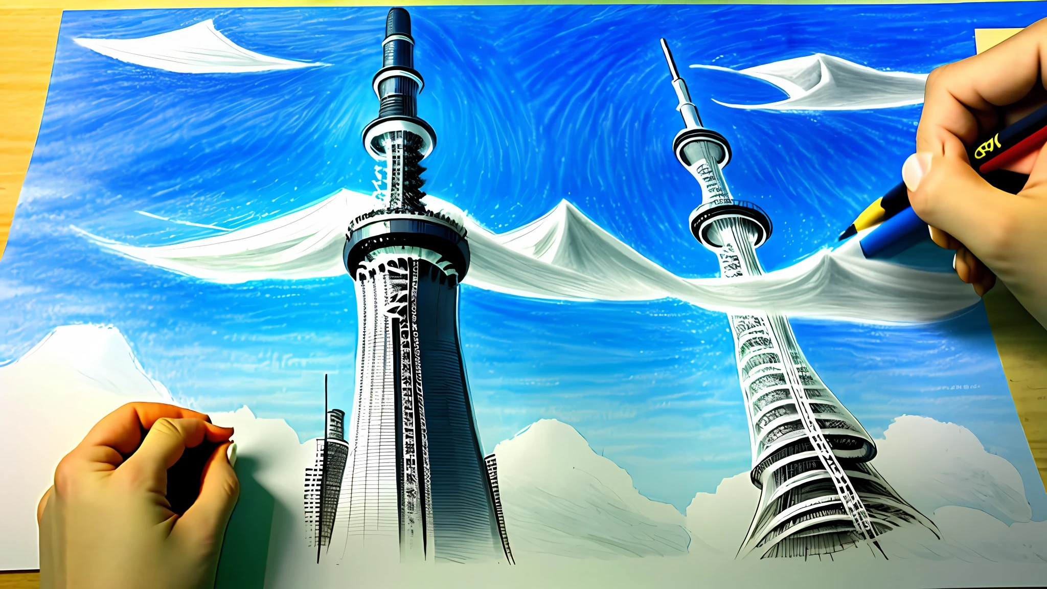 Drawing the Tokyo Sky Tree that extends into space