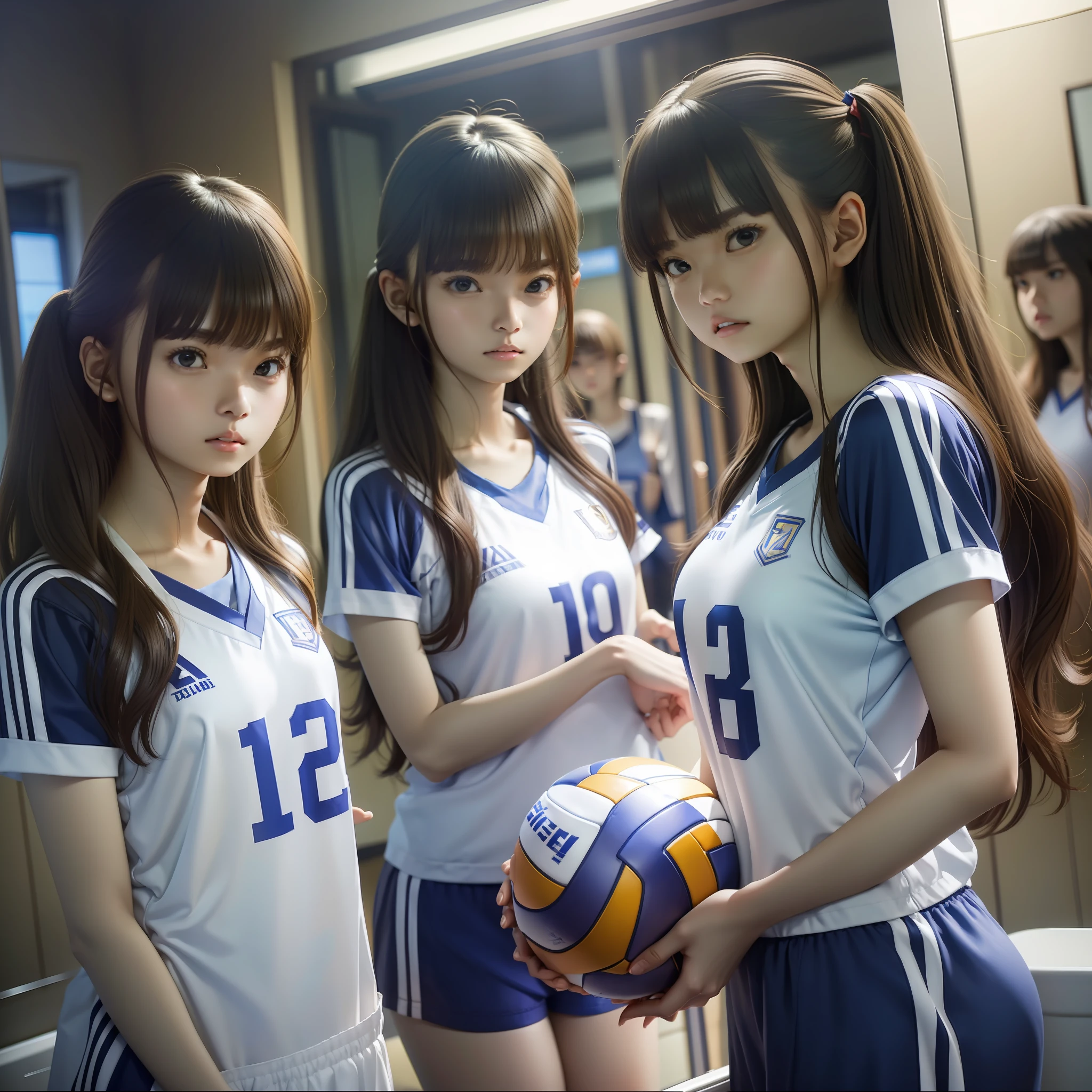 there is a woman standing in a bathroom with a blue shirt, wearing a volleyball jersey, wearing basketball jersey, taejune kim, seseon yoon, shin min jeong, jinyoung shin, heonhwa choe, kim hyun joo, jaeyeon nam, kimi takemura, ulzzang, ji-min, jiyun chae, eiko ishioka