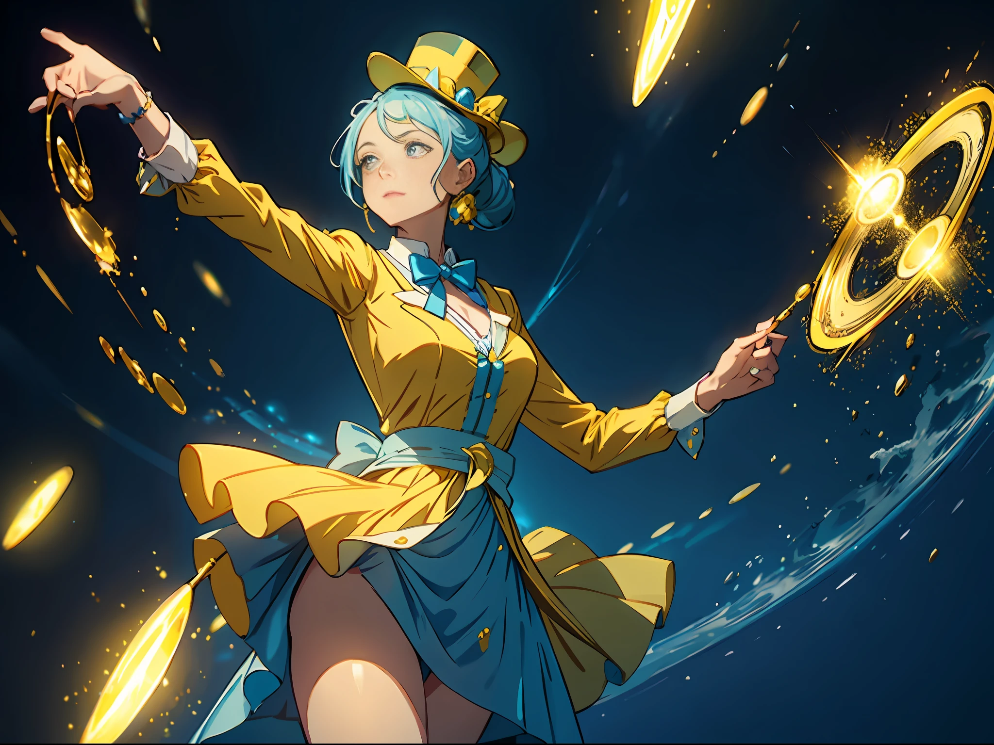 1 woman, golden double ponytail Light blue dress Bright yellow tunic around the waist An exaggerated bow tied at the back A round gemstone pinned to the chest A top hat on the head, suspended in the air, surreal