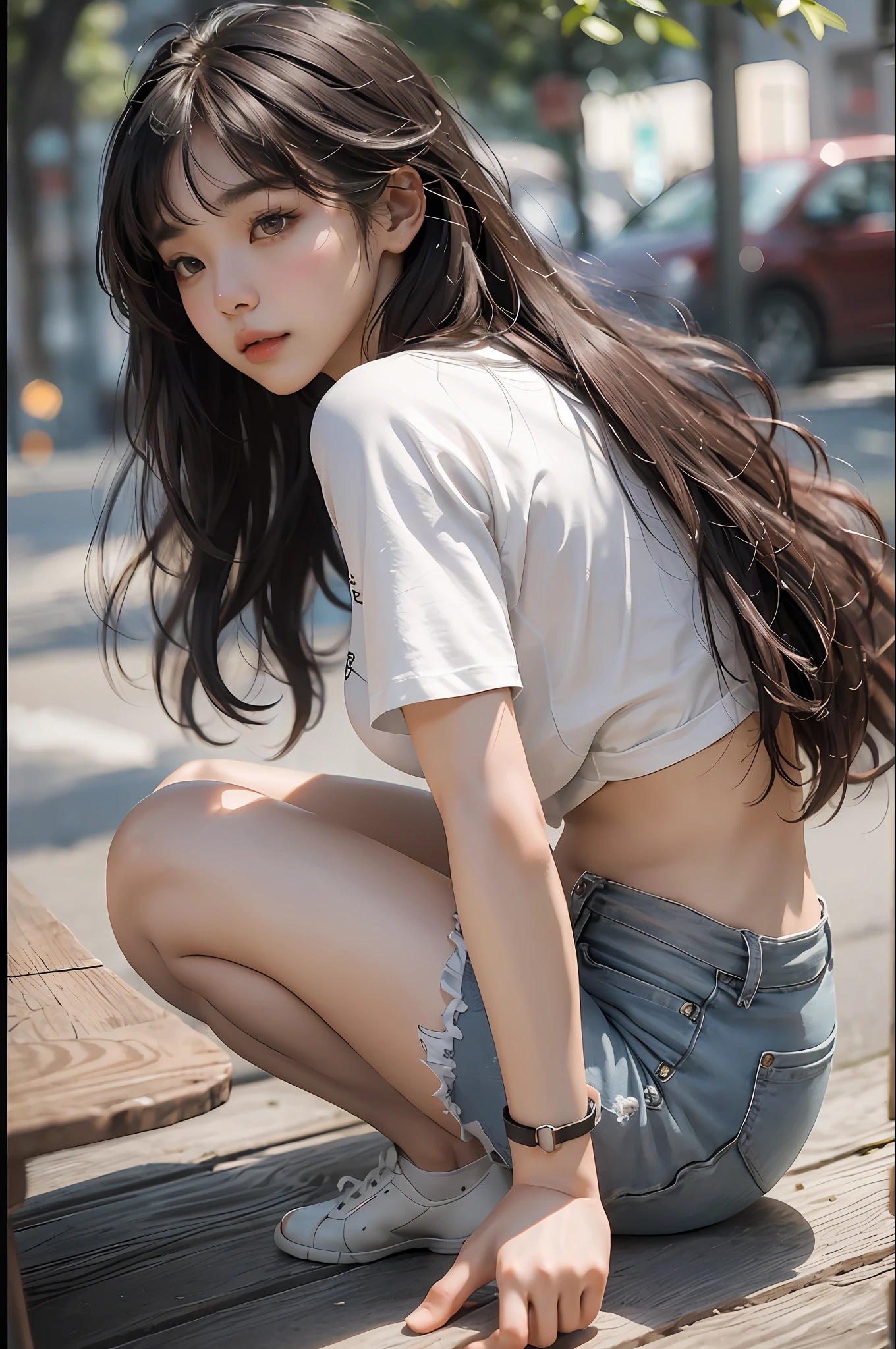 Masterpiece: 1.2, Best Quality), Realistic, (Real Pictures, Intricate Details, Depth of Field), Pretty Girl, Delicate Facial Features (1.4) Fair Skin, Delicate, Lee Ji Eun IU Face Shape (1.4), Gym T-shirt Shorts Wide Buttocks Thin Waist Beautiful Legs