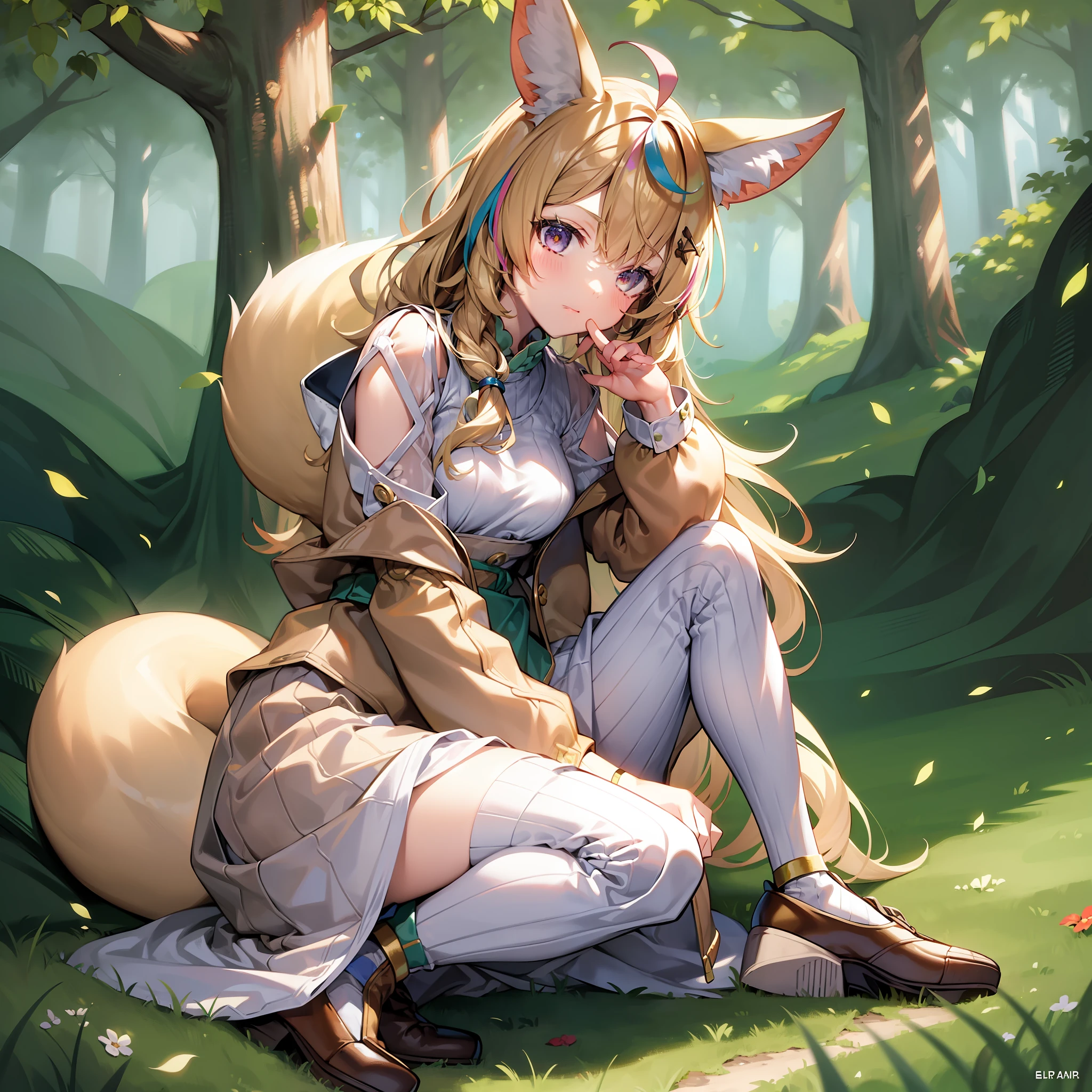 ((Masterpiece)), (Best Quality), Solo, Op1, Animal Ears, Fox Tail, Striped Hair, Brown Jacket, White Shirt, Long Sleeves, Long Skirt, Jewelry, Green Skirt, (NSFW:1.1), Full Body