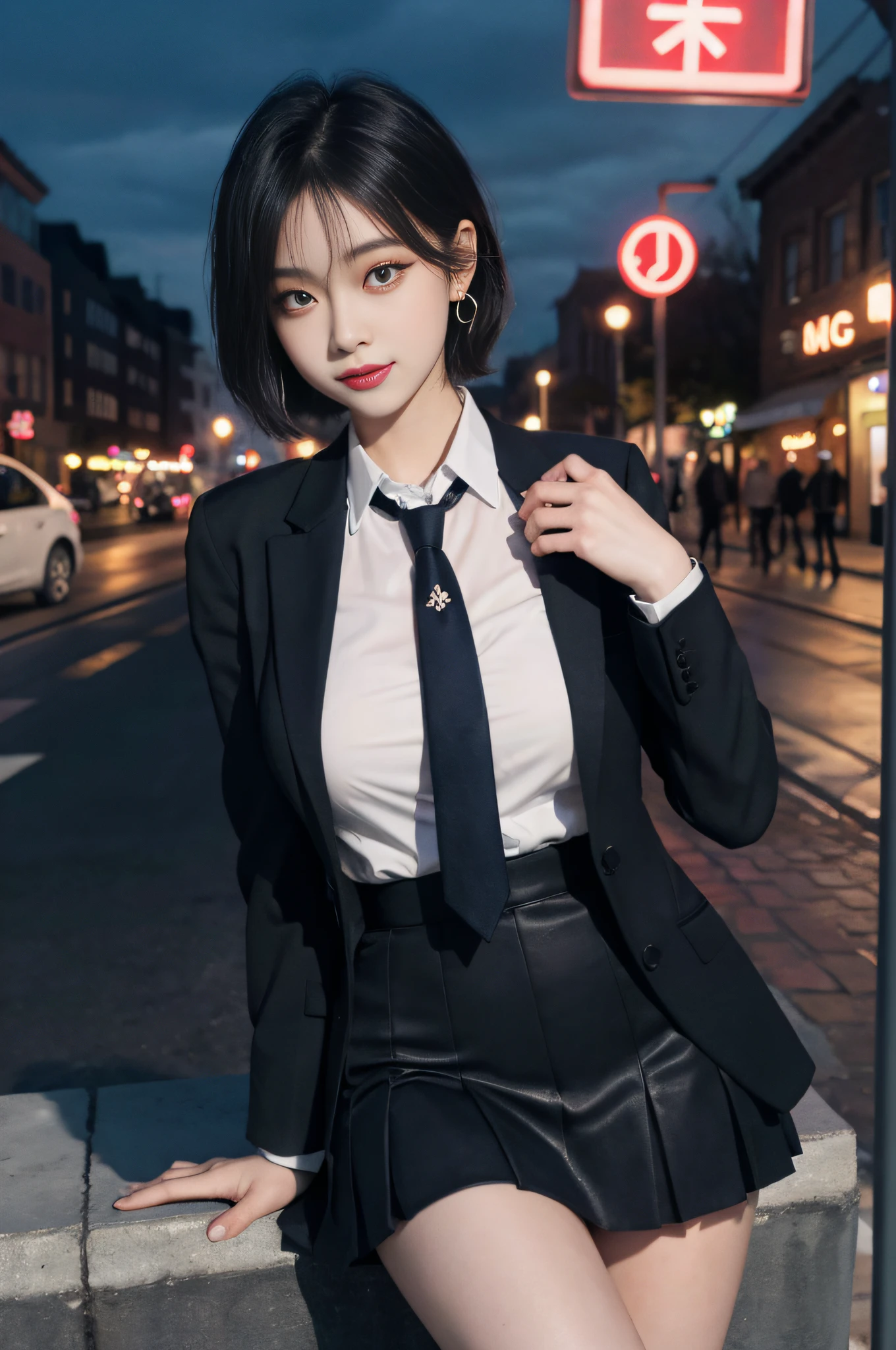 8K RAW photos, high resolution, 21-year-old cool Korean, big round breasts, school uniform, tie, tie ribbon, blazer, skirt, beautiful eyes in detail, long eyelashes, beautiful double eyelids, eye shadow, slit eyes, sanpaku eyes, dark eye makeup, evil smile, beautiful thin legs, short hair tied at the back, earrings, downtown at night, boulevard at night