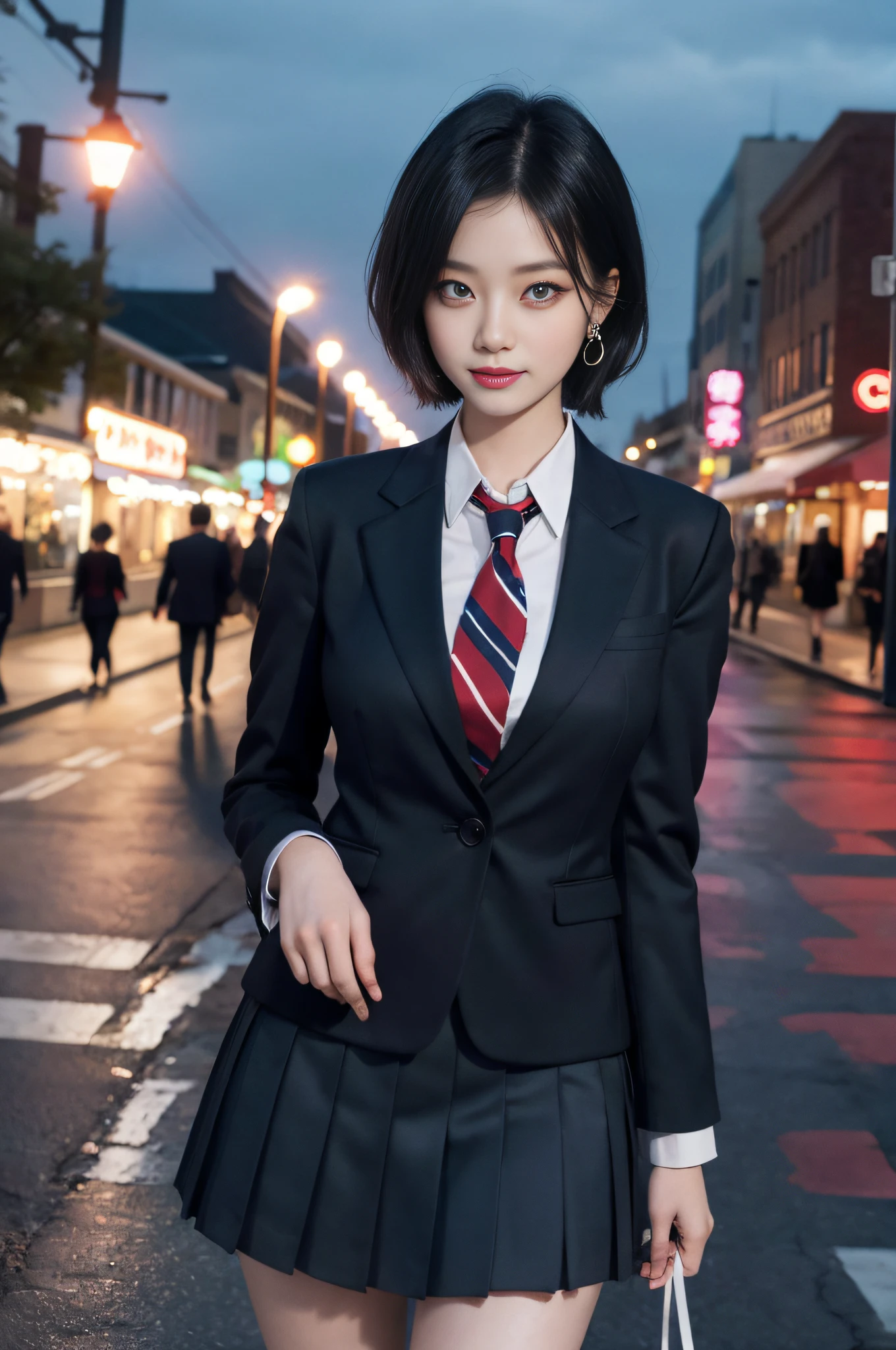 8K RAW photos, high resolution, 21-year-old cool Korean, big round breasts, school uniform, tie, tie ribbon, blazer, skirt, beautiful eyes in detail, long eyelashes, beautiful double eyelids, eye shadow, slit eyes, sanpaku eyes, dark eye makeup, evil smile, beautiful thin legs, short hair tied at the back, earrings, downtown at night, boulevard at night