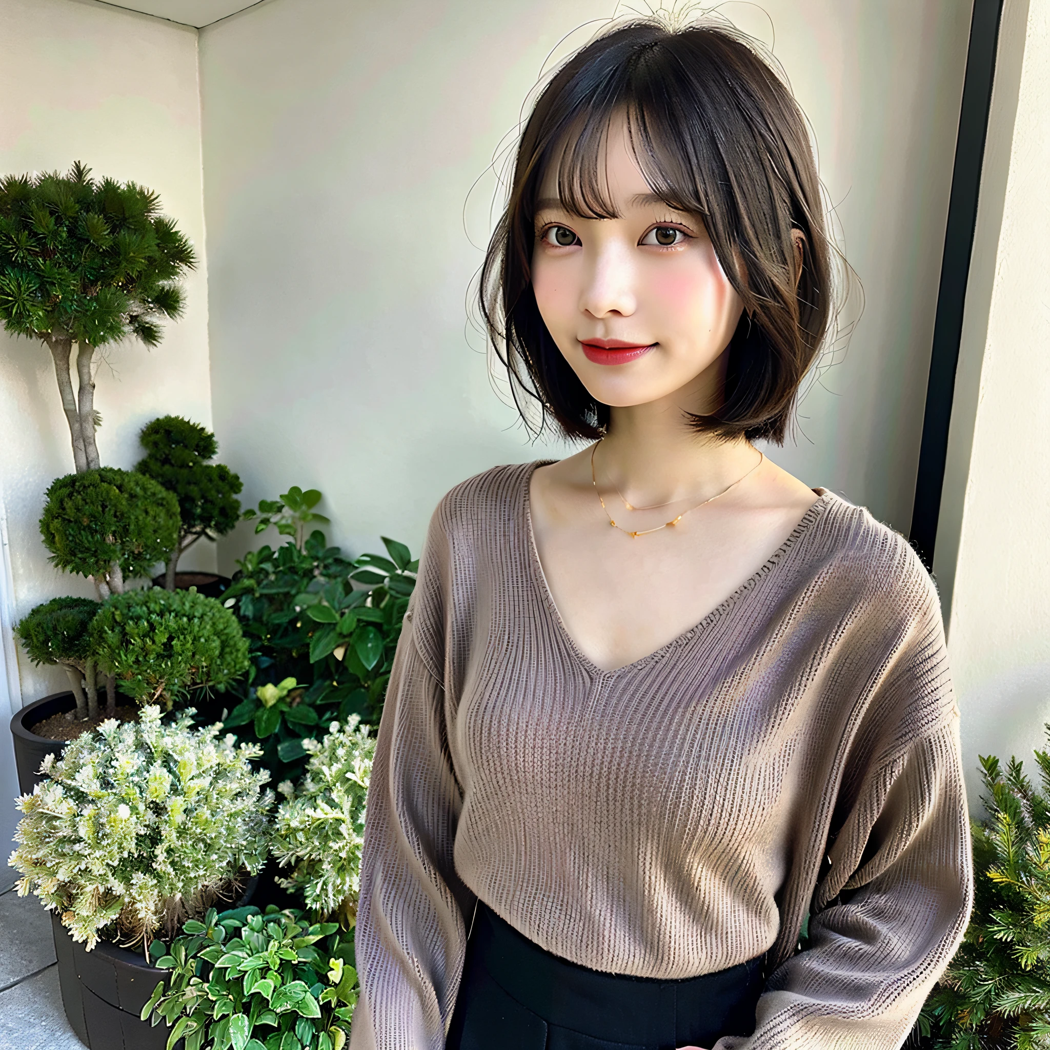 One woman,Asian woman in alla-fed wearing necklace and sweater, short hair,