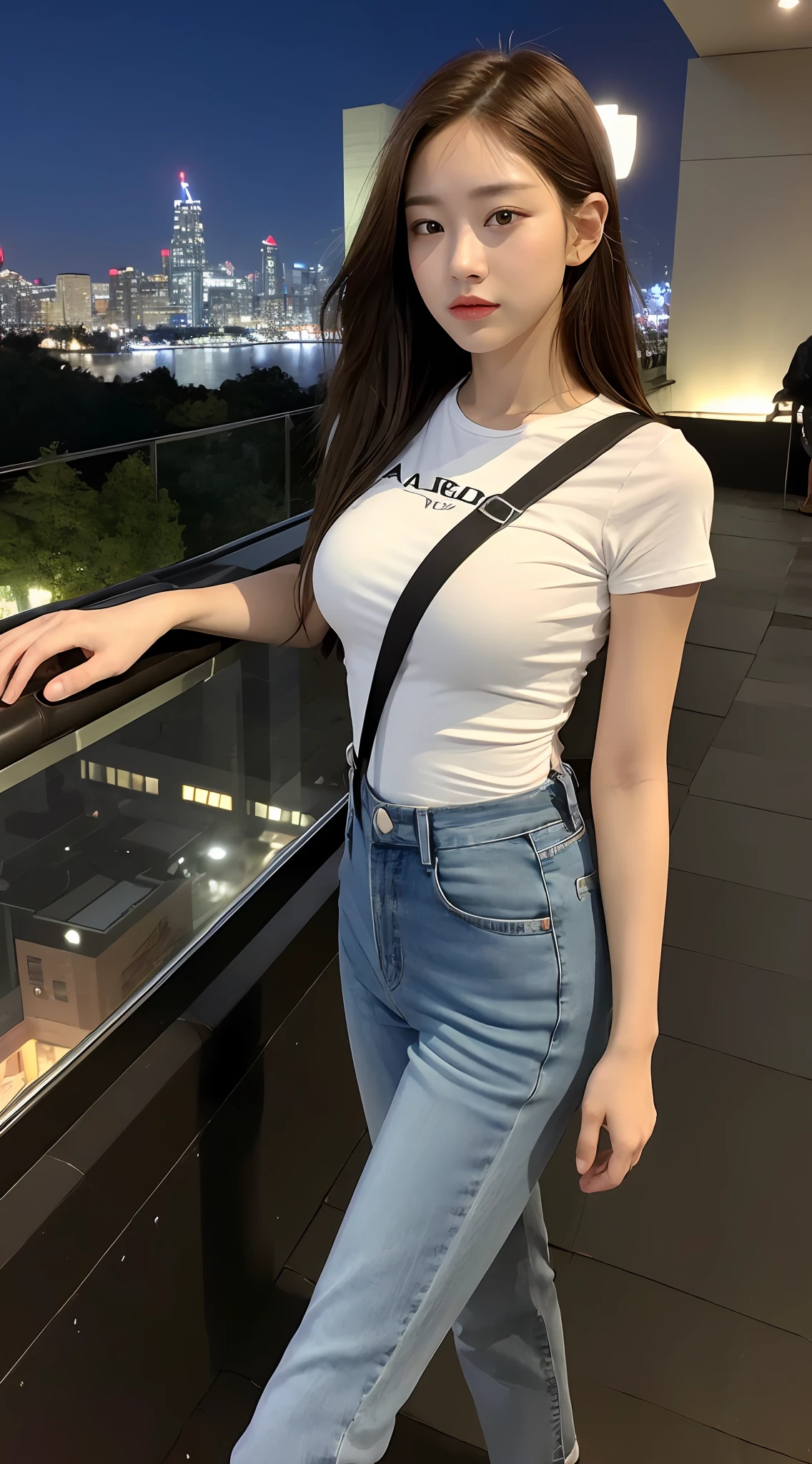 ((Midnight, Acura, 8K, Masterpiece: 1.3)), Full body, Long legs, Focal length: 1.2, Perfect Body Beauty: 1.4, Slim Abs: 1.1, ((Dark Brown Hair, Big Tits: 1.1)), (White Skinny T-shirt, Denim Suspenders, Standing: 1.2), ((City Night View, Roof: 1.3)), Highly detailed face and skin texture, Fine eyes, Double eyelids