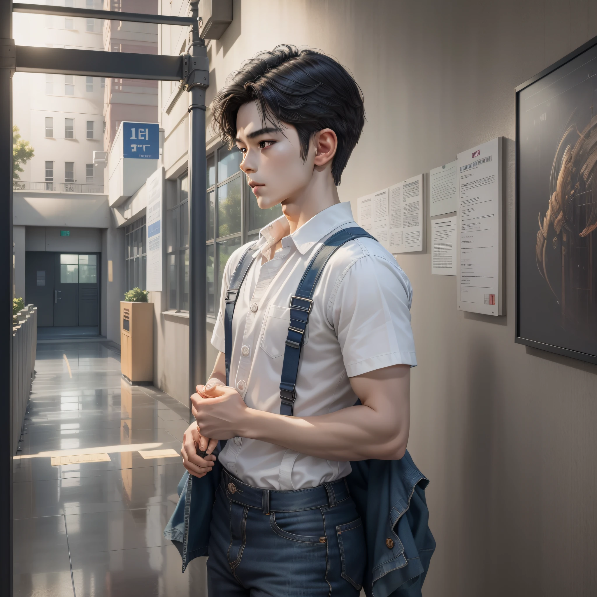 (Illustration: 1.8) (Best Quality) (Masterpiece: 1.5), Masterpiece, PNG, (Very Detailed CG Unified 8k Wallpaper), Amazing Details Hospital, Outdoor (1.2), A Chinese Youth Standing Downstairs in Hospital, Short Black Hair, Wearing Black Short Sleeves, Blue Jeans, Diagnostic Sheet in One Hand, Forehead with One Hand, Expression Painful, Alone, Panorama