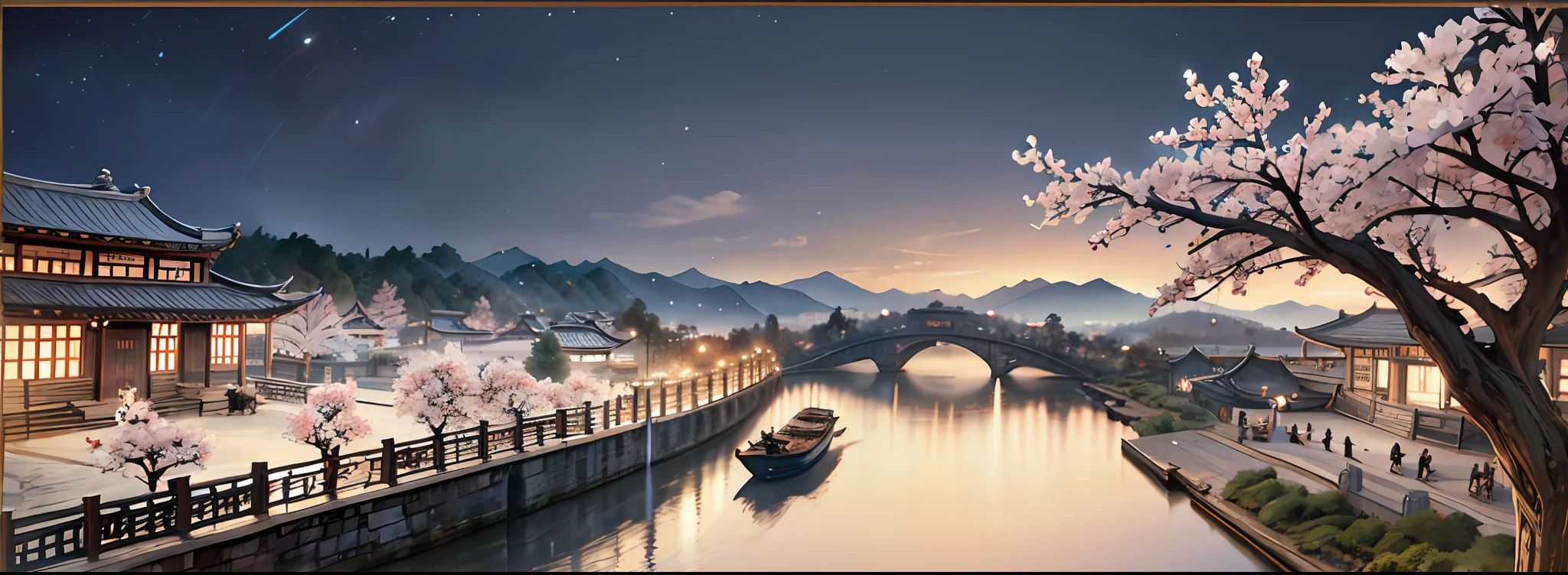 1 painting "Picture of the Upper River in the Qingming Dynasty", by Zhang Zheduan, silk scroll, light color, height 24.8 cm, length 528.7 cm, Palace Museum, Beijing. 1 scene, the capital of the Northern Song Dynasty, Bianjing (Kaifeng), Bianhe River and its banks, busy and lively, Spring Festival. Lively, many people, people coming and going, different classes, clothing, expressions, activities. Many buildings, city gates, bridges, shops, temples, houses. Many ships, barges, cargo ships, passenger ships. Many vehicles, trolleys, carriages, sedan chairs. Many trees, willow, pine, peach blossoms. Perspective technique, realistic style, rich details, rhythmic composition.